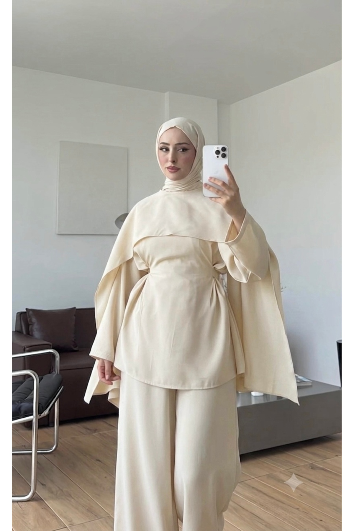 YUNAKI Pelerin Detaylı Kadın İkili Tesettür Takım/ Alt Üst Pantolon İkili Takım