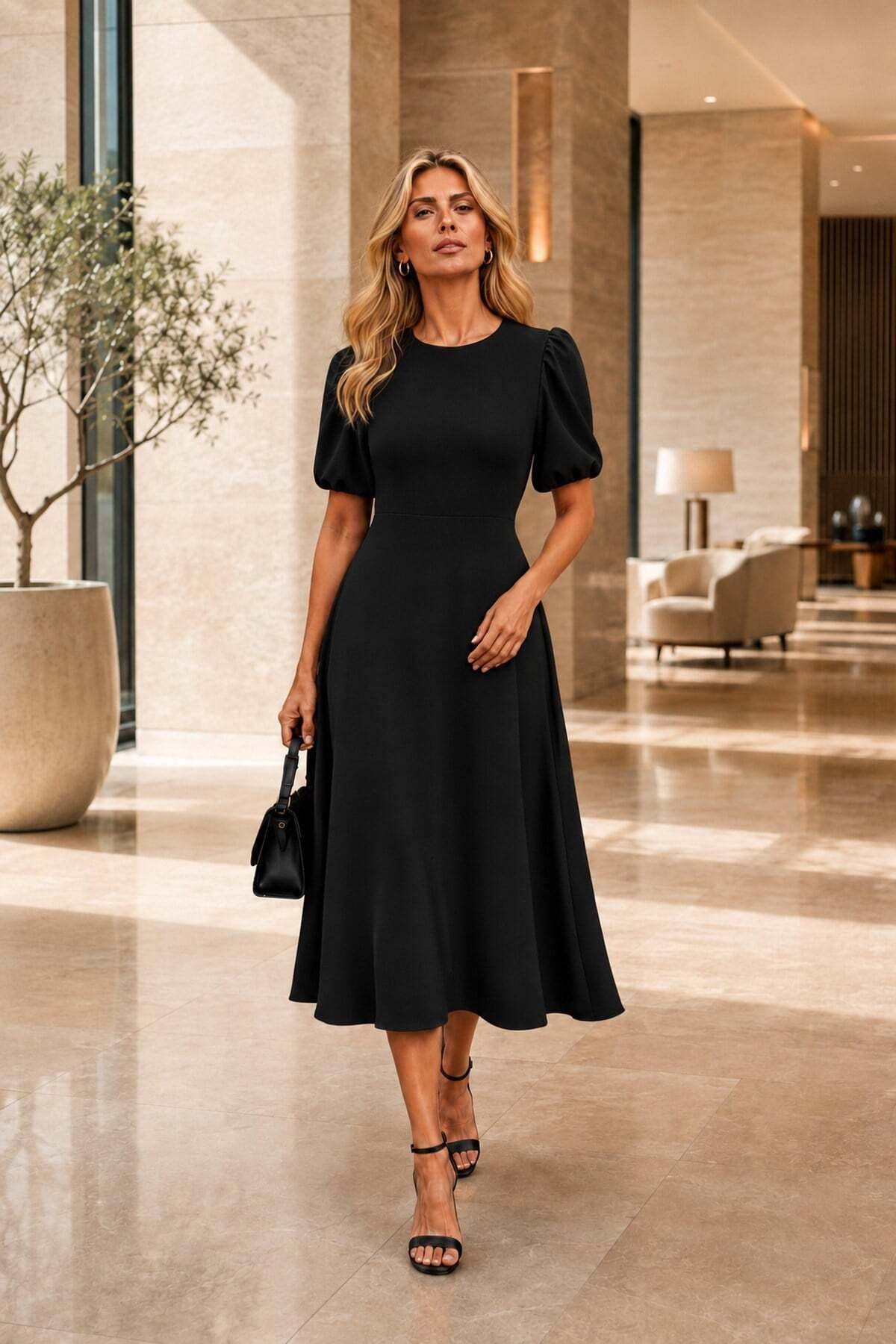 Mossta Balon Kol Rahat Kesim Midi Krep Elbise - Siyah görsel 4