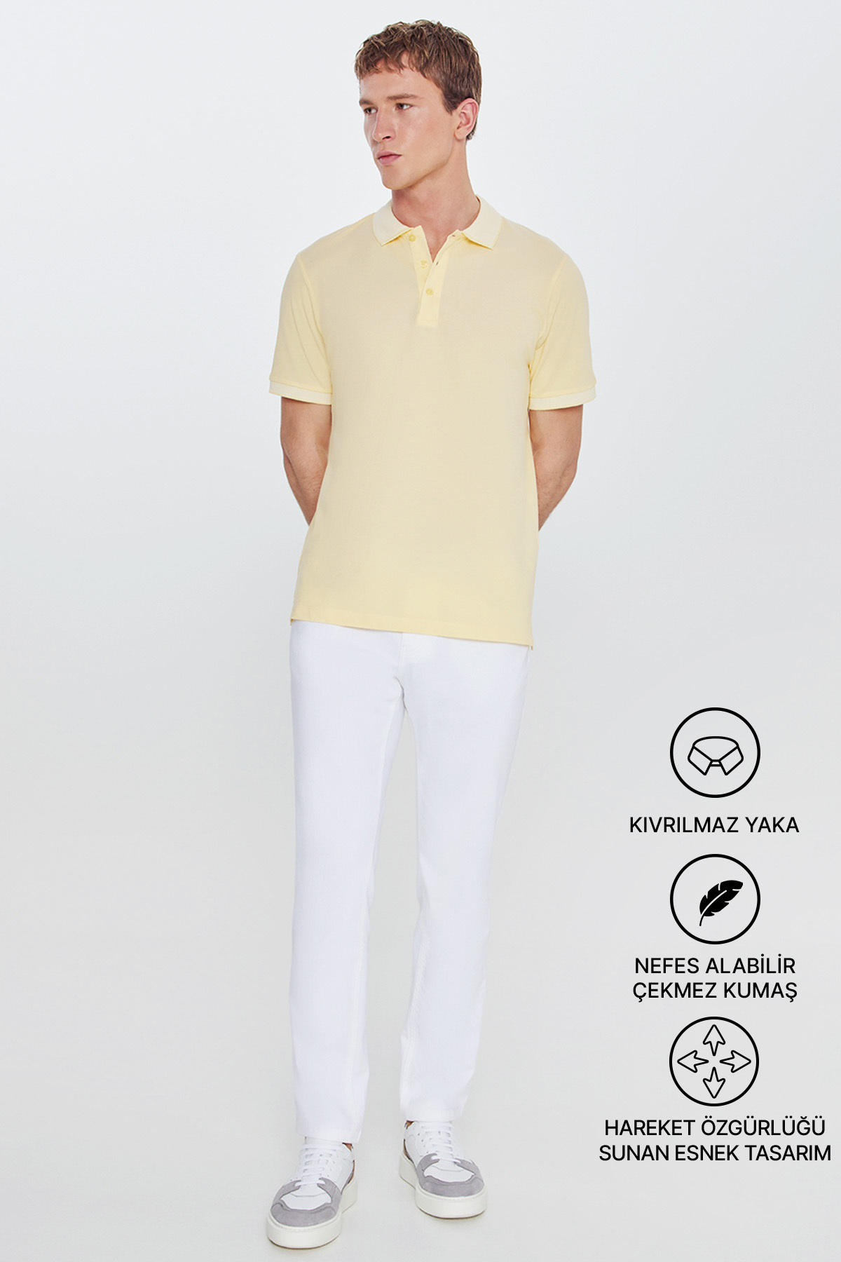 AC&Co / Altınyıldız Classics Erkek Çekmeyen Pamuklu Kumaş Slim Fit Dar Kesim Sarı-Beyaz Kıvrılmaz Polo Yaka Tişört