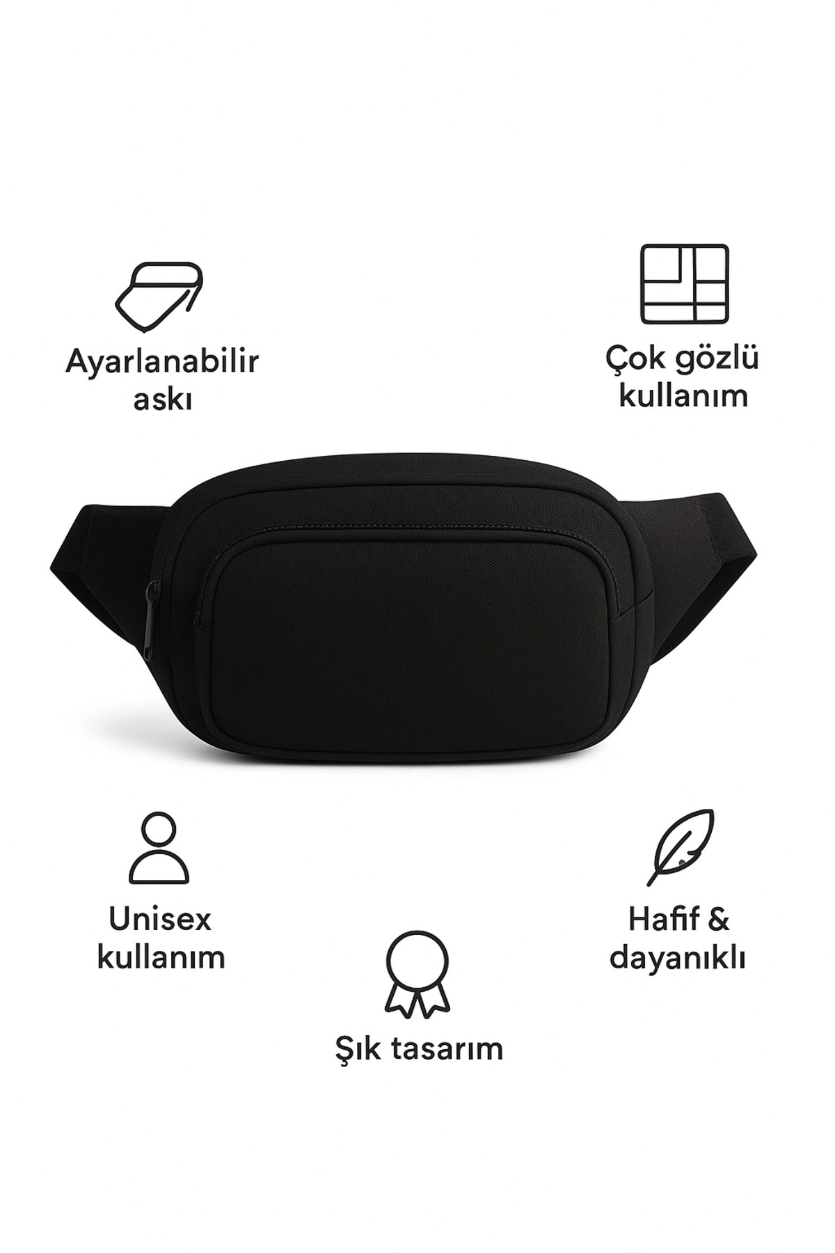 Sofia Bodybag Unisex Üniversitelilere Uygun Siyah Erkek Ve Kadın Omuz Ve Bel Çantası görsel 3