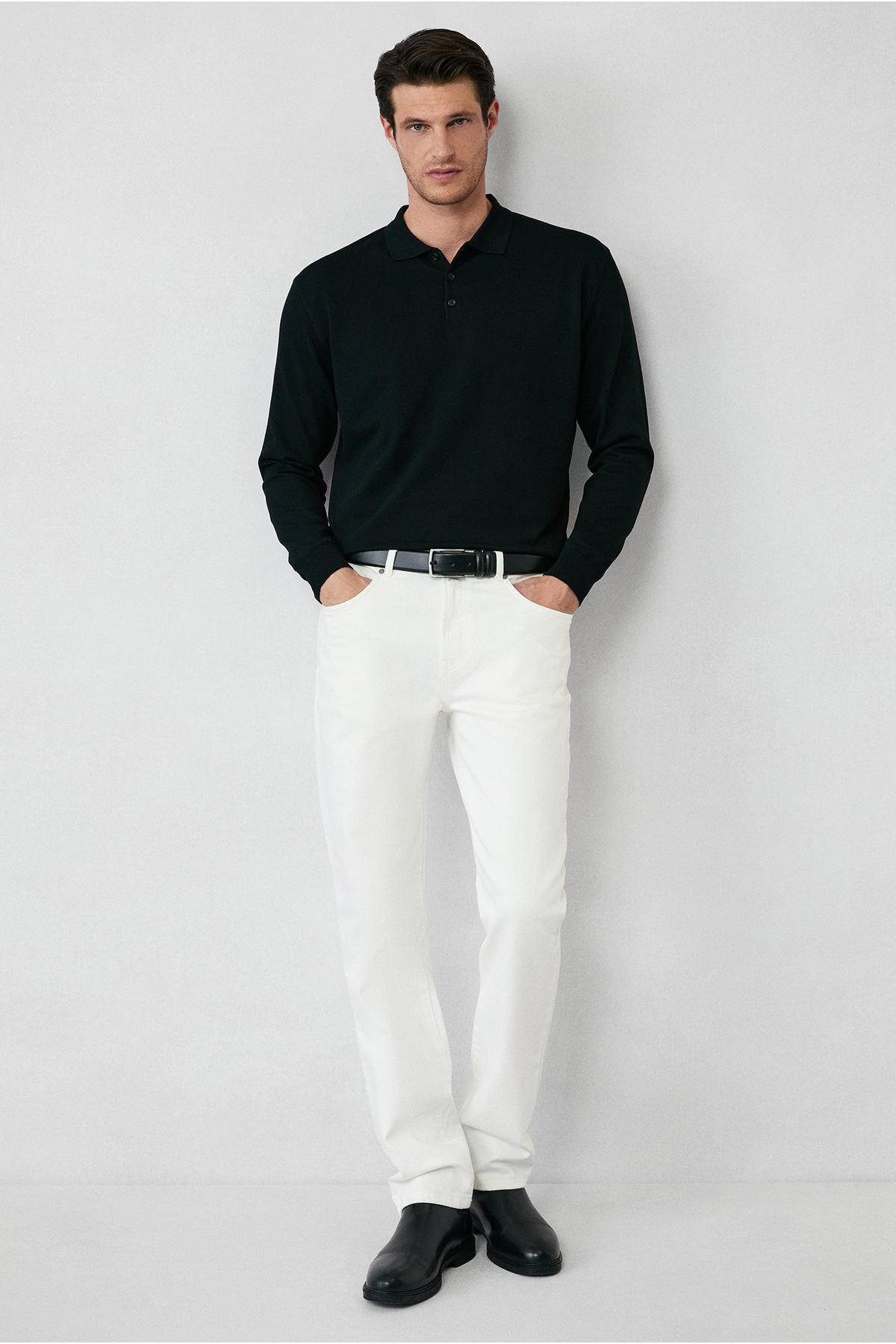Regular Fit Düğmeli Polo Yaka Triko Kazak — مشکی KKBSD178DZ001 — تصویر 4 از 7