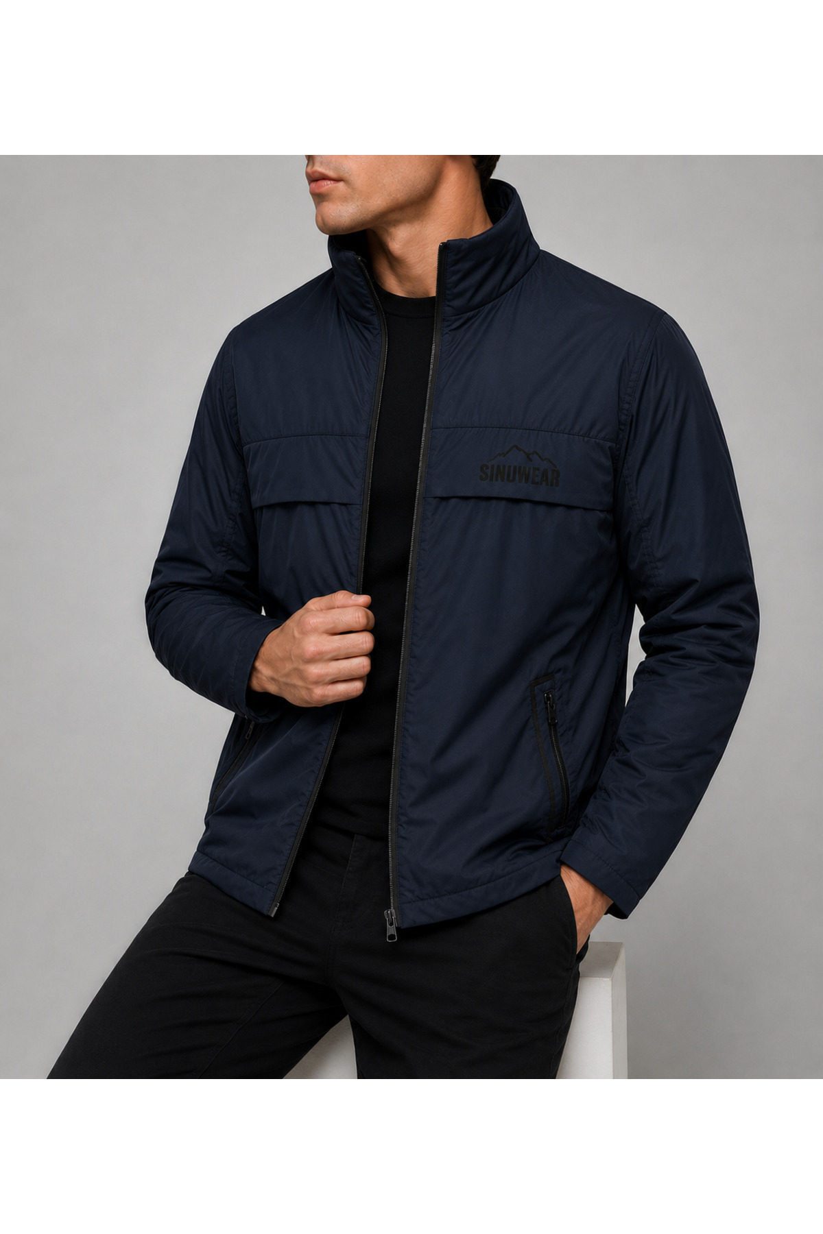 Sınwear Erkek Lacivert Baharlık Su ve Rüzgar Geçirmez Mont Dik Yaka Mevsimlik Fermuarlı Spor Outdoor Ceket