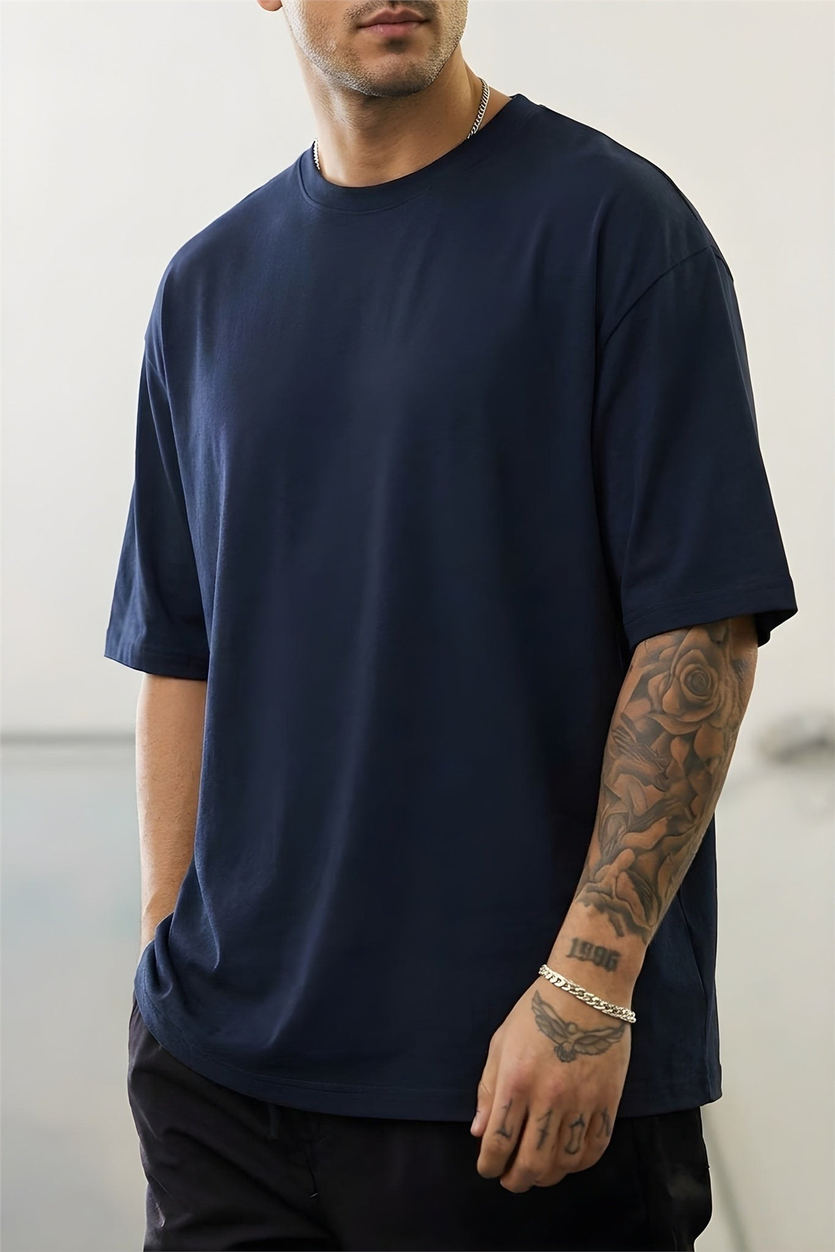 Teenage Millionaire Erkek Lacivert Bisiklet Yaka Düz Basic Baskısız Oversize Salas T-Shirt görsel 4