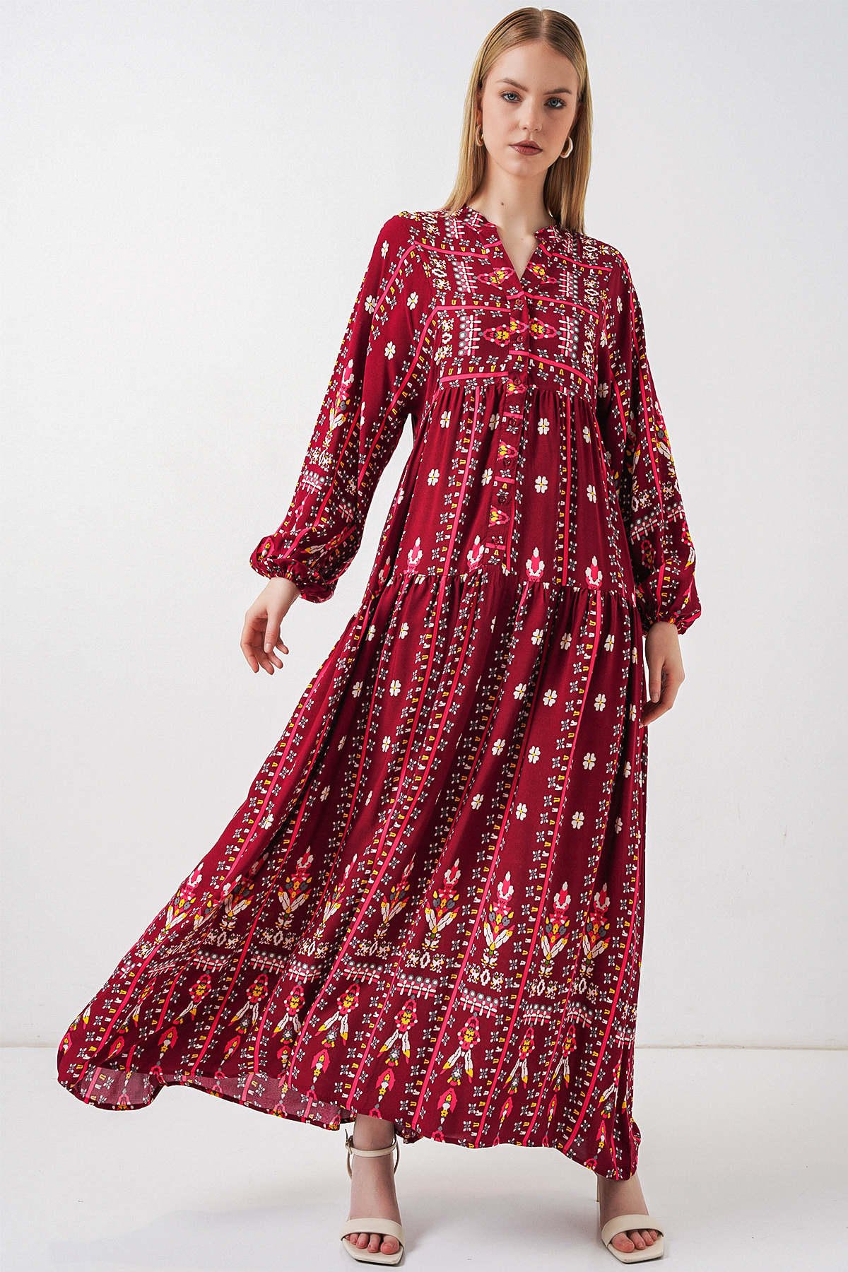 Bigdart Women's Patterned Long Hijab Dress 2585 - K. Red