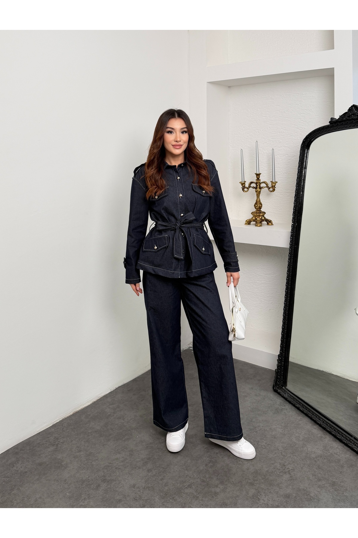 MiraMore Butik Women's Belted Suit Jacket and Trousers Set with Pocket Detail