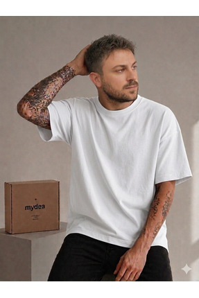 myDea Oversize Basic Tişört %100 Pamuk Unisex Rahat Kesim Beyaz / Siyah