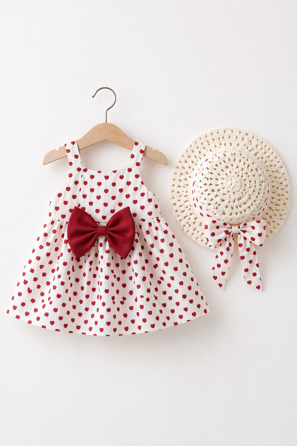 Baby Girl Dress Heart Pattern Bow Detailed Straw Hat Dress (1-5) Years