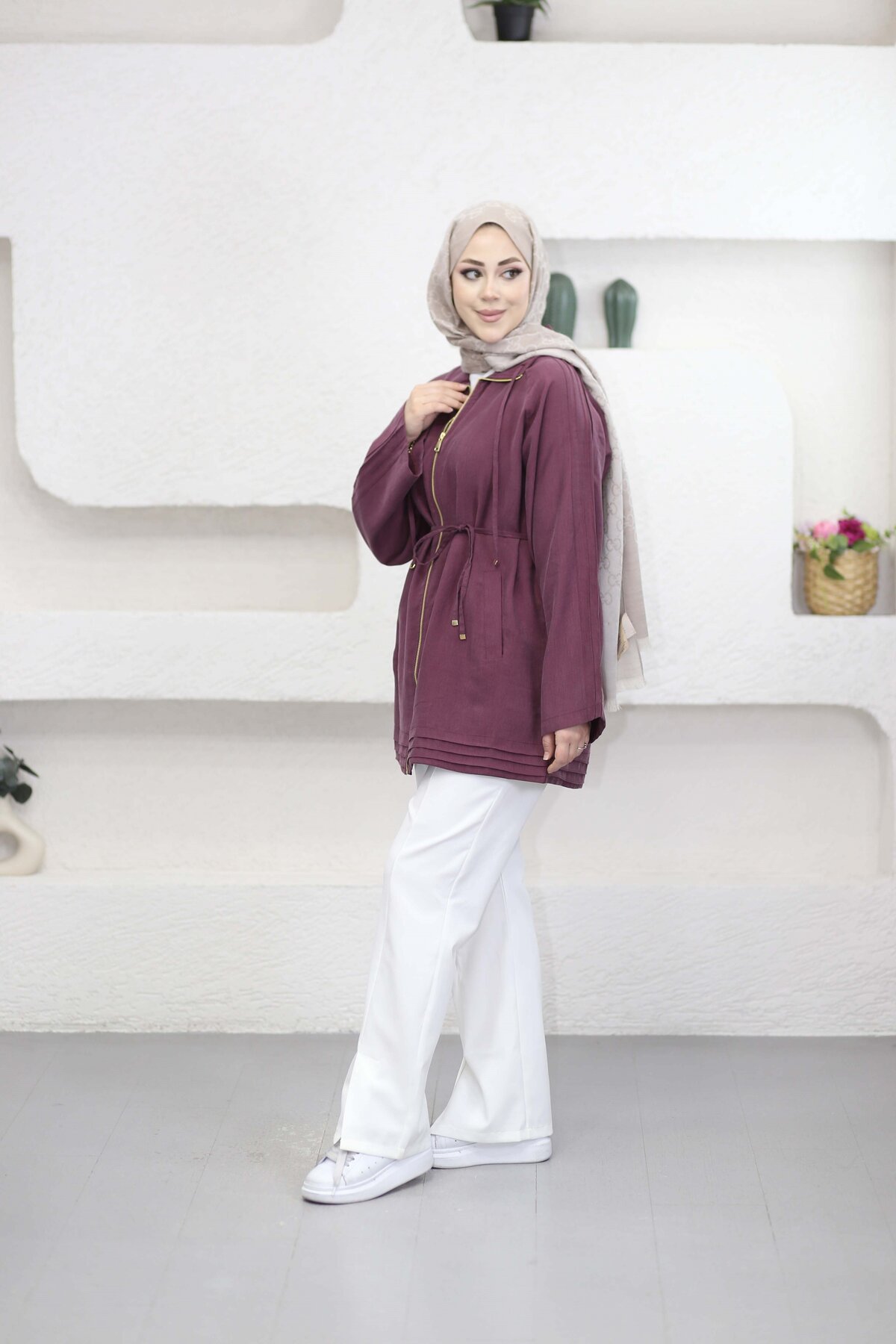 Suede Style 6451 - Rahat Fermuarlı Cepli Bel Büzgü Detaylı Uzun Tunik