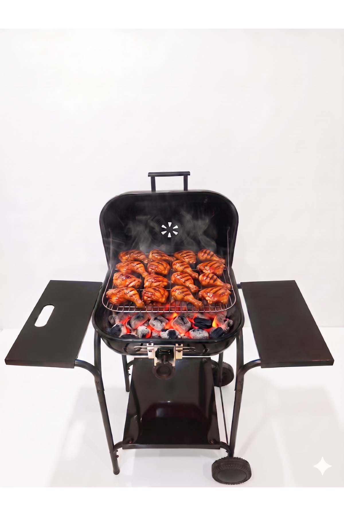 Portable charcoal grill with wheels, cover, and side shelves for gardens and outdoor camping