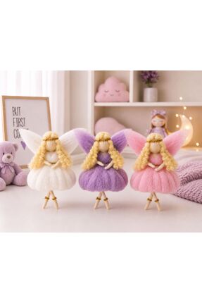 Momsmeril ÜÇLÜ Keçe Melek Bebek Organik El Yapımı Yün 15cm EKRU PEMBE MOR