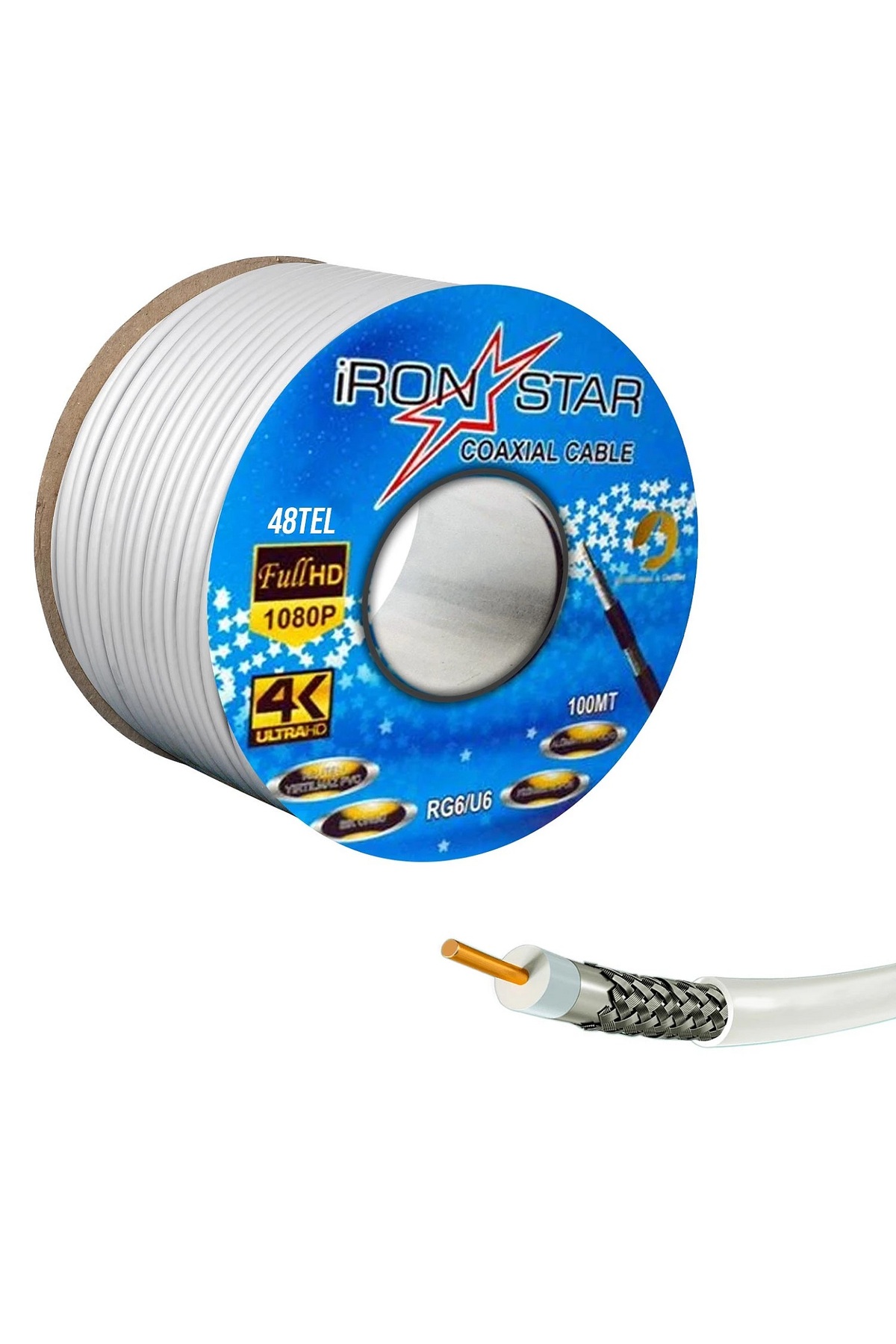 İronStar 64 Tel RG6-U4 Beyaz Uydu Anten Kablosu 100 Metre 1 Top Full HD 3k 4k Görüntü Yüksek Çözünürlük Kaliteli Kablo 1 Top