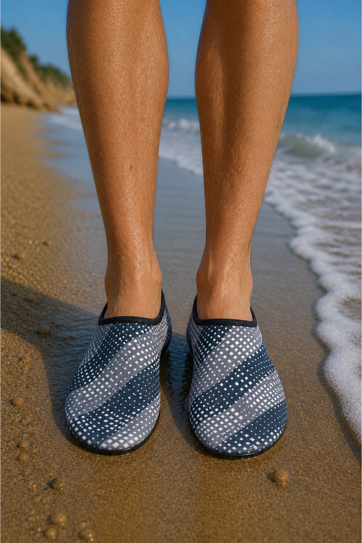shoecide Gri Kare Desenli Erkek Deniz Ayakkabısı, Hafif, Kaydırmaz, Hızlı Kuruyan Aqua Shoes görsel 3