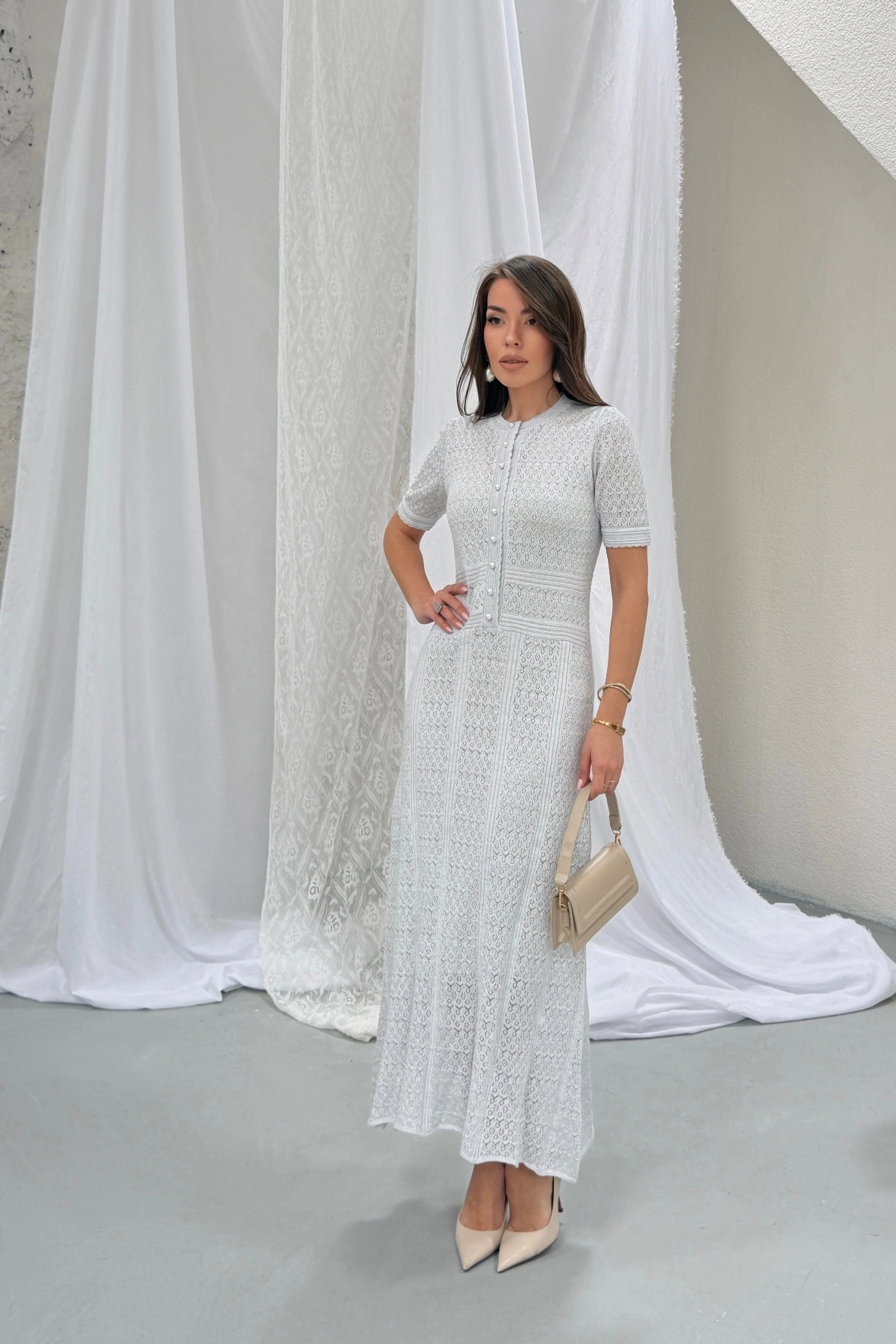 Women's Gray Premium Pearl Button Detailed Glitter Lined Short Sleeve Summer Long Elegant Knitwear Dress (S/M)