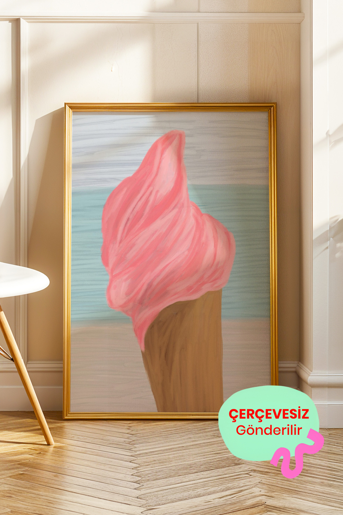 Pembe Dondurma Tablo Poster Yazlık Plaj Dekoru Modern İllüstrasyon Çerçevesiz