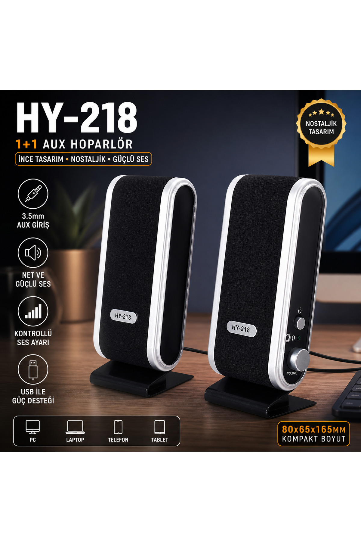 kruxon HY-218 2.0 Stereo Hoparlör – İnce Tasarım Nostaljik Speaker