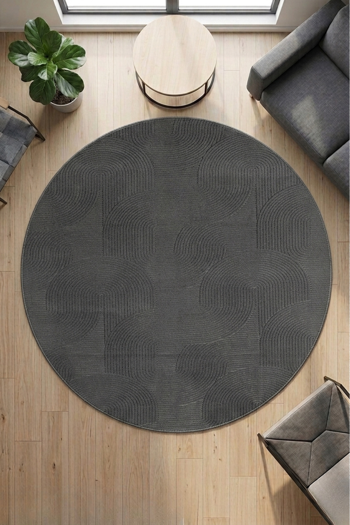 Relief Bohemian Anthracite Round Circle Carpet Anti-Slip Base Stainproof Washable Carpet