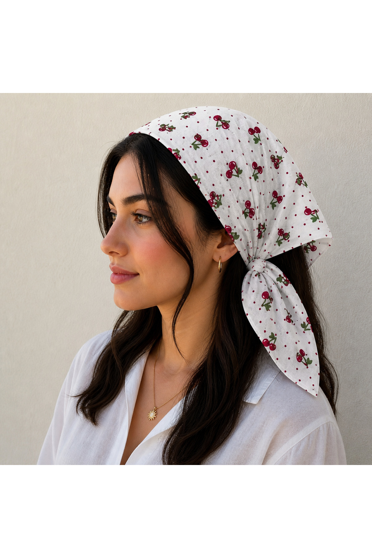 PİNPİN AKSESUAR BEYAZ KIRMIZI KİRAZ DESENLİ %100 PAMUK BANDANA
