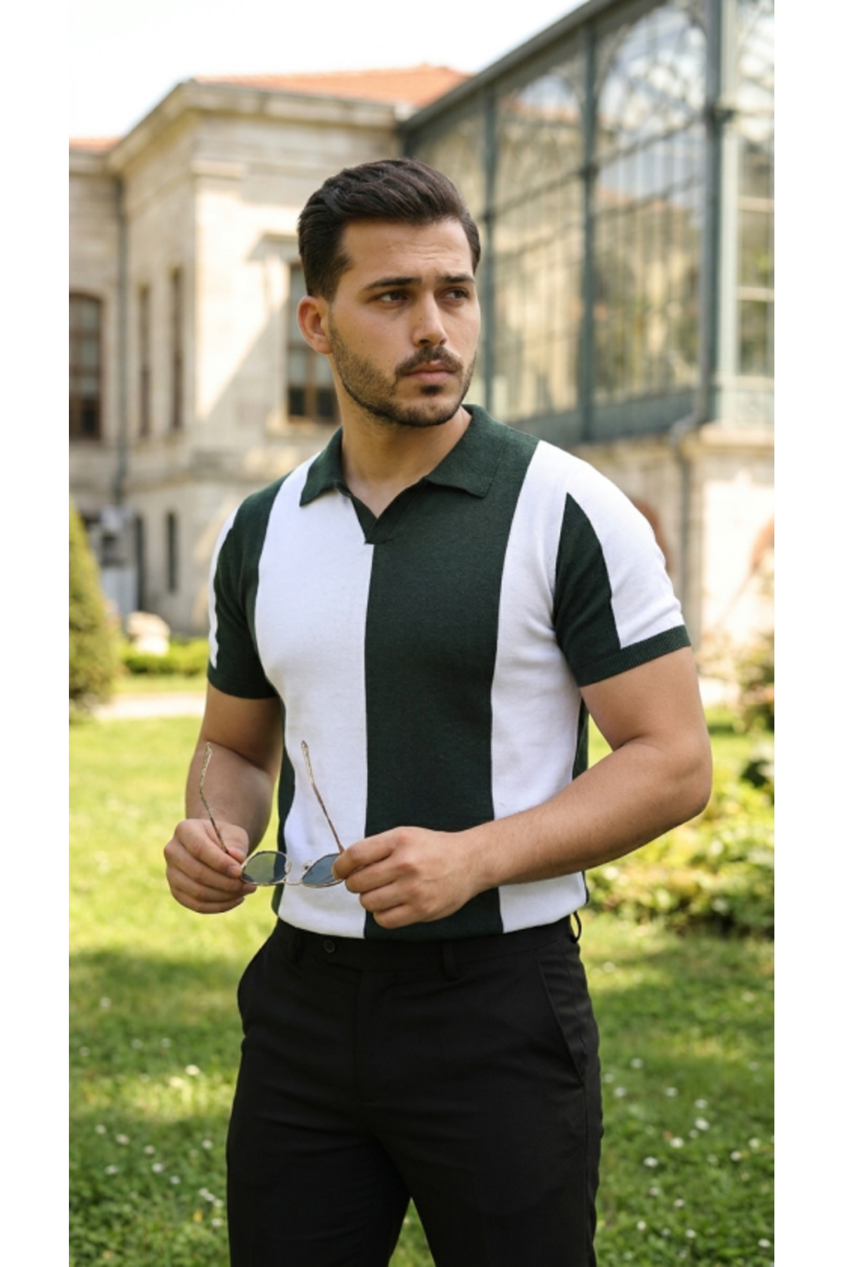Erkek Kısa Kollu Polo Yakalı Blok Desenli Triko Bluz