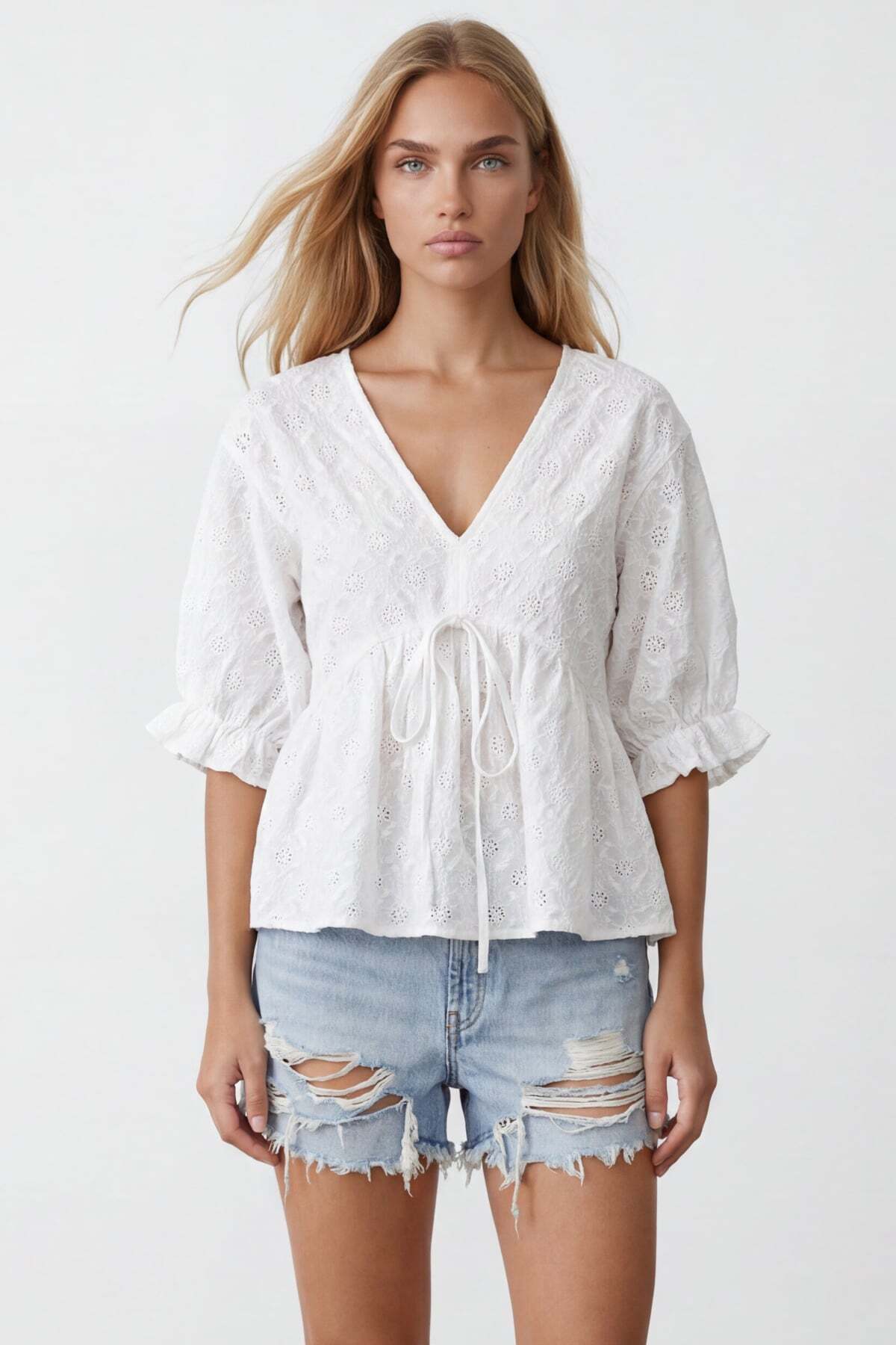 White V-Neck Truvakar Sleeve Elastic Guipure Blouse Alc-X15486