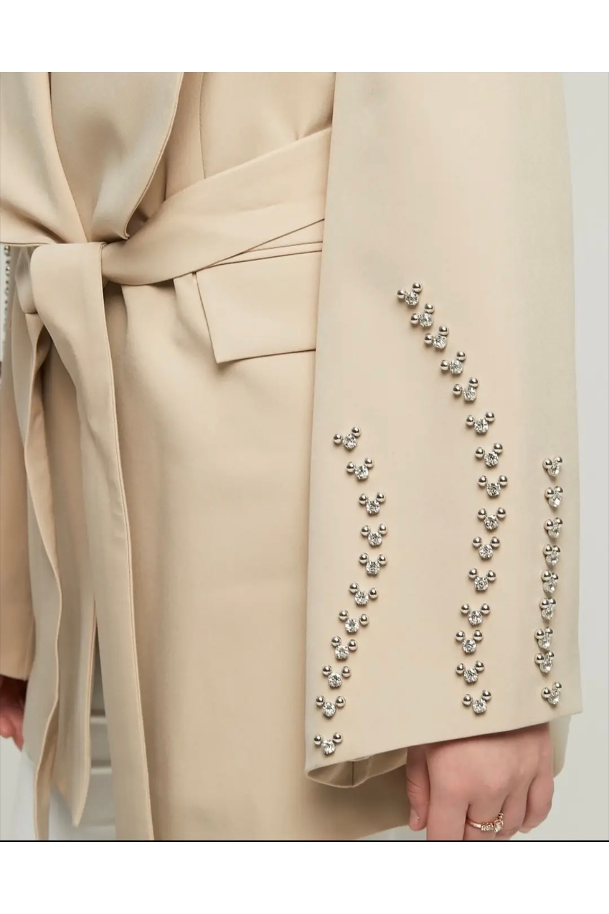 modahira  Moda Hira Kadın Taş Şerit Detaylı Bej Blazer Ceket - Görsel 3