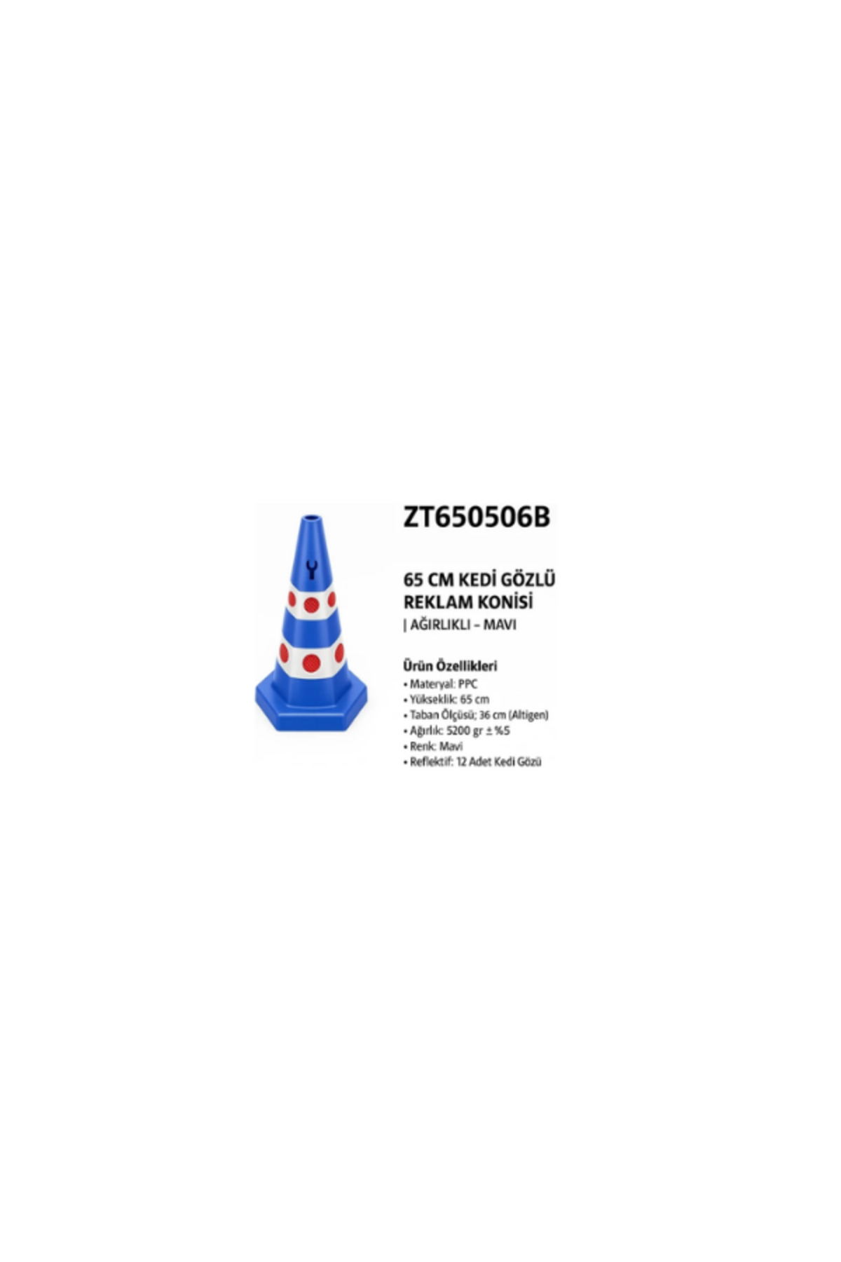 Kedi Gözlü Reklam Konisi | Ağırlıklı – Mavi – 65 cm