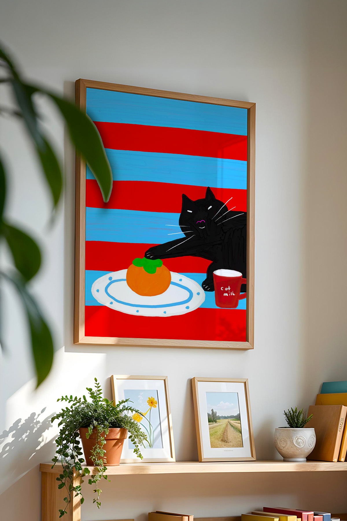 Siyah Kedi ve Portakal Tablo Poster Renkli Mizahi İllüstrasyon Çerçevesiz