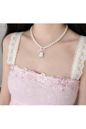 LUNIVRA İnci Choker Kolye Pembe Fiyonklu Tavşan Figürlü Kore Style