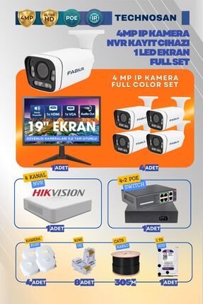 Fabius 4 Kameralı IP Gece Renkli Full Color Kamera Seti, 4 MP