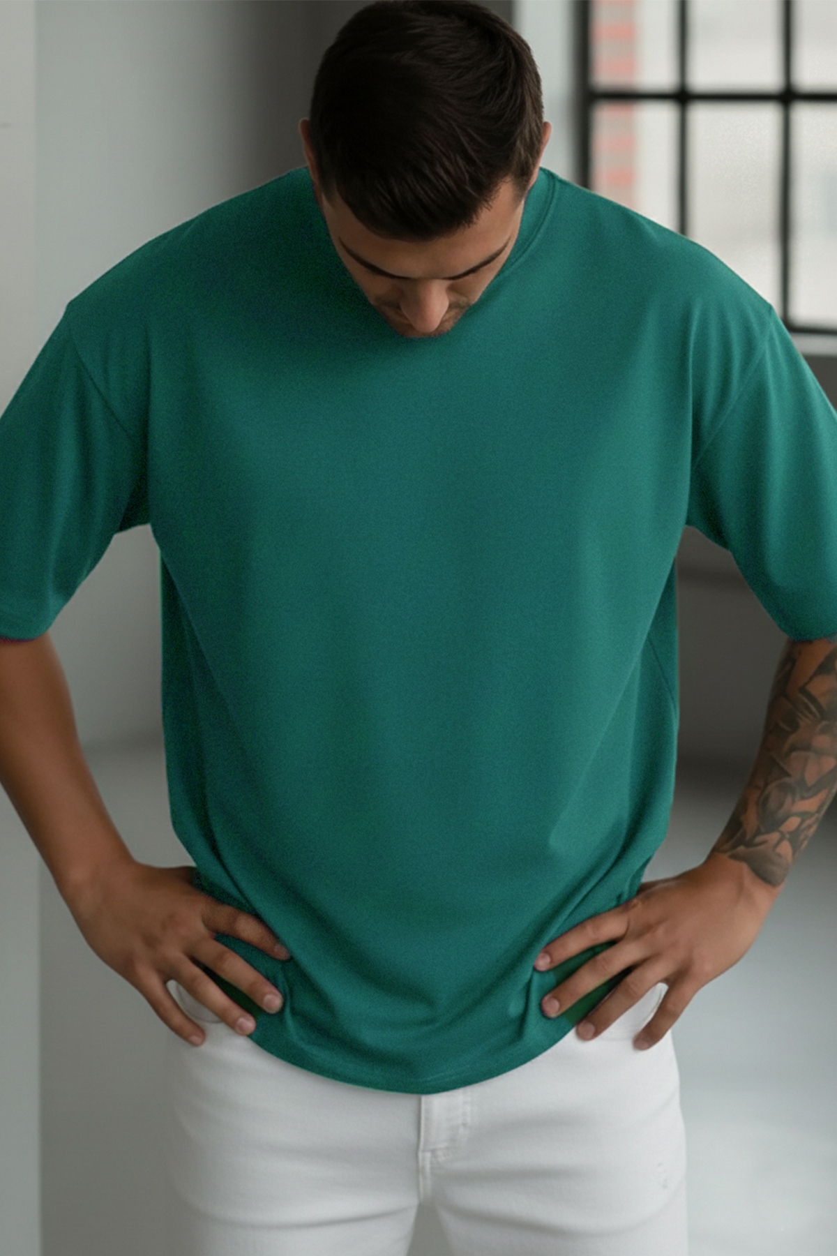 1 Pc Men's Emerald Green Basic Plain Unprinted Oversize Salas Loose Fit T-shirt