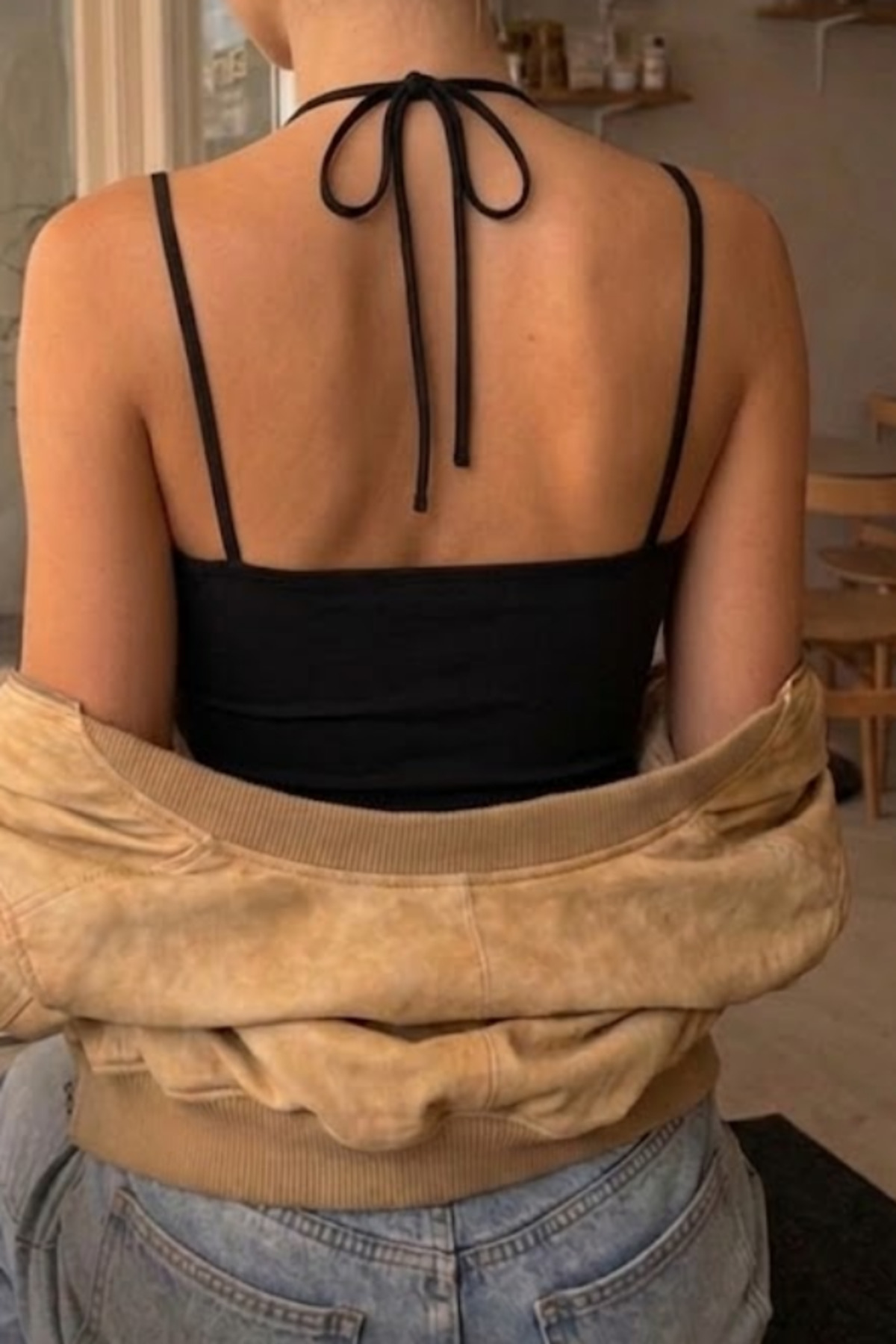 World Fashion Trends  Siyah Dantel Kombinli Doğal Viskon Halter Crop Bluz - Görsel 3