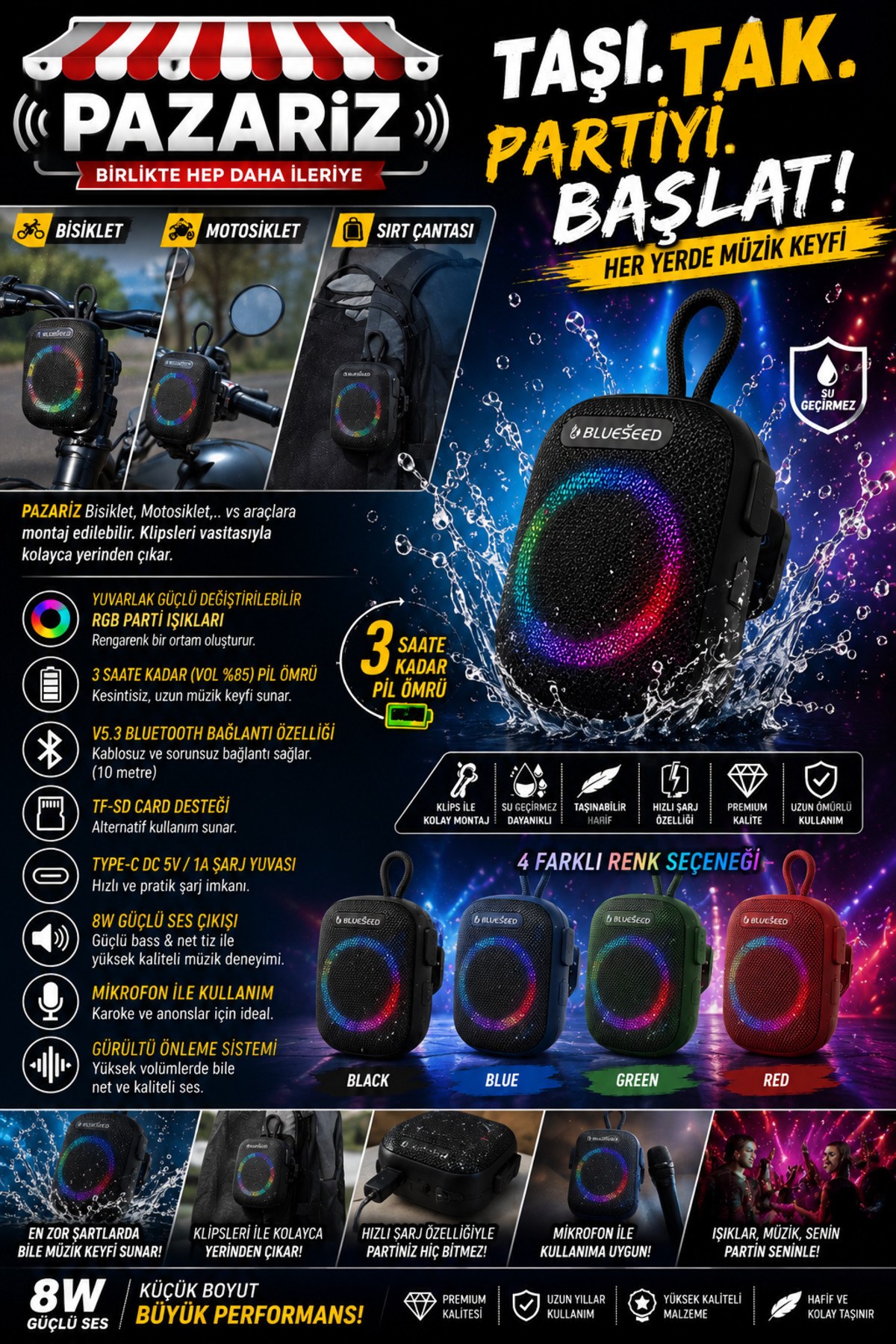 pazariz Wıreless Bluetooth Portable Speaker Bs-296 8w Rgb Kablosuz