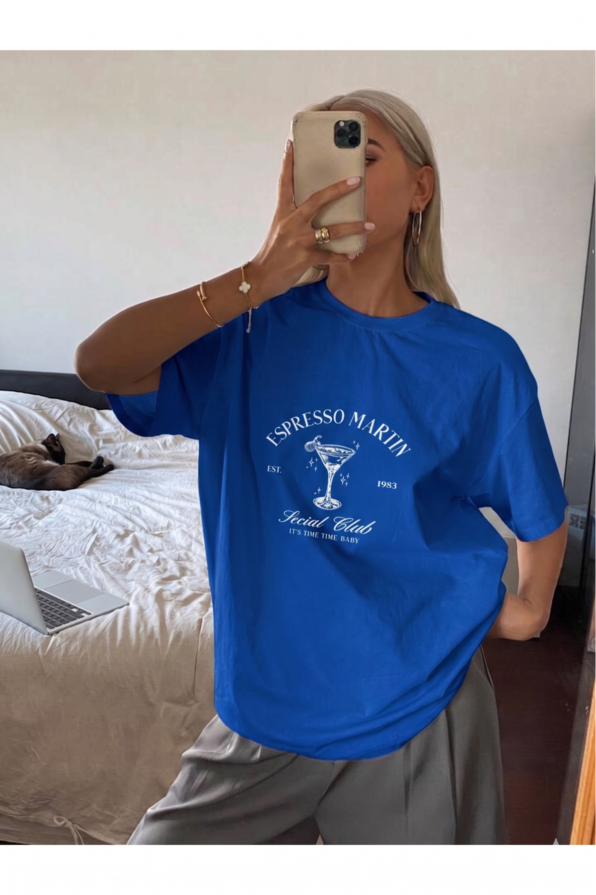 Women's SAX BLUE Espresso Martin printed T-shirt- Crew neck