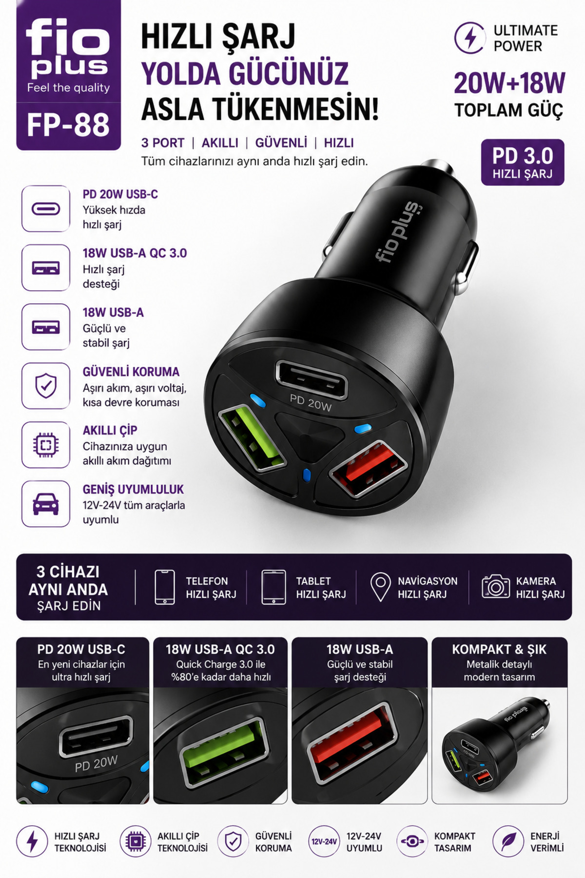 20W+18W Akıllı Araç Şarj Adaptörü