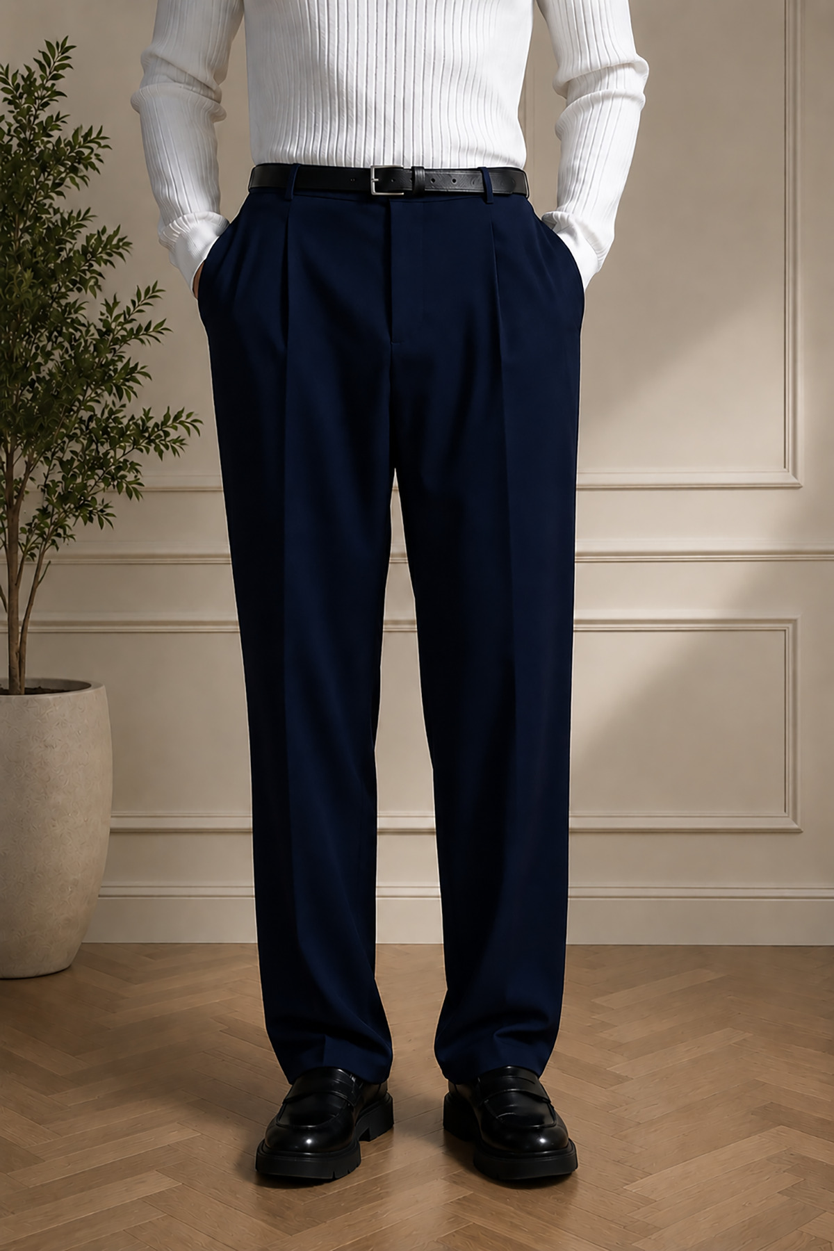 Men's Navy Blue Pleated Detail Comfortable Fit Premium Series Fabric Pants