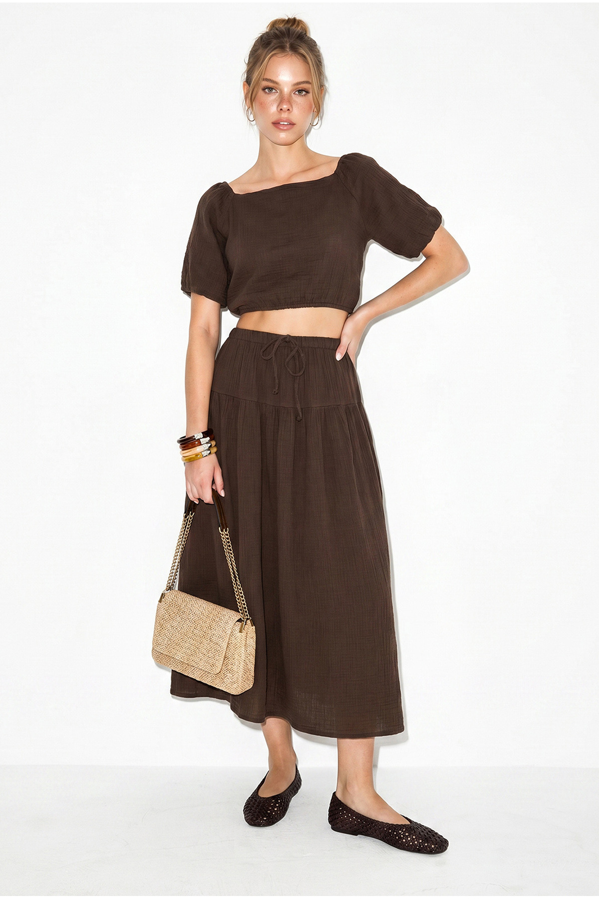 Women's Balloon Sleeve Crop Blouse Tie Detailed Cotton Muslin Skirt Set YC2728 60286287