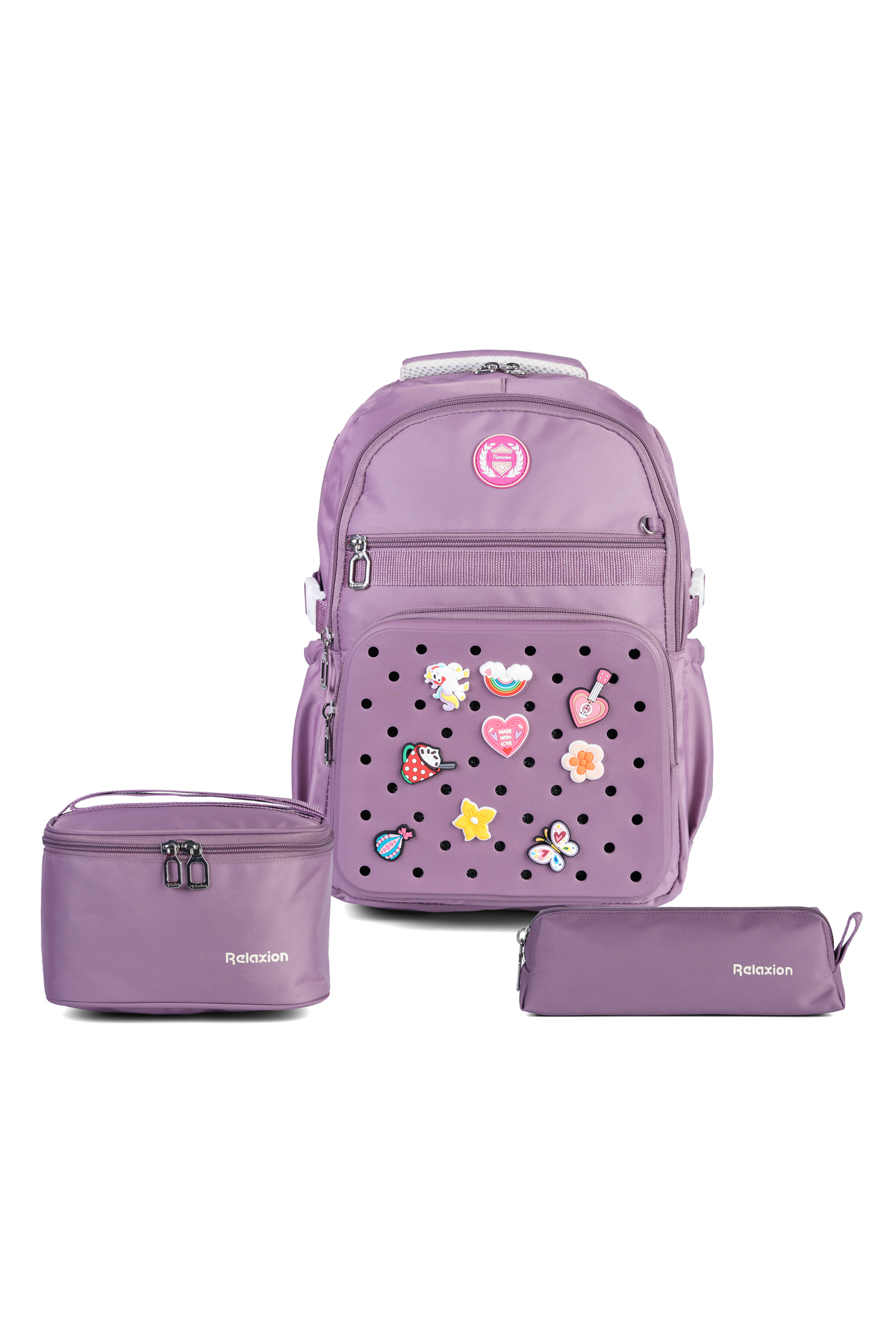 Relaxion Premium Girls' Elementary School Bag with Ultra-Luxury Accessories, Including Thermal Lunch Box and Pen Holder Ornaments