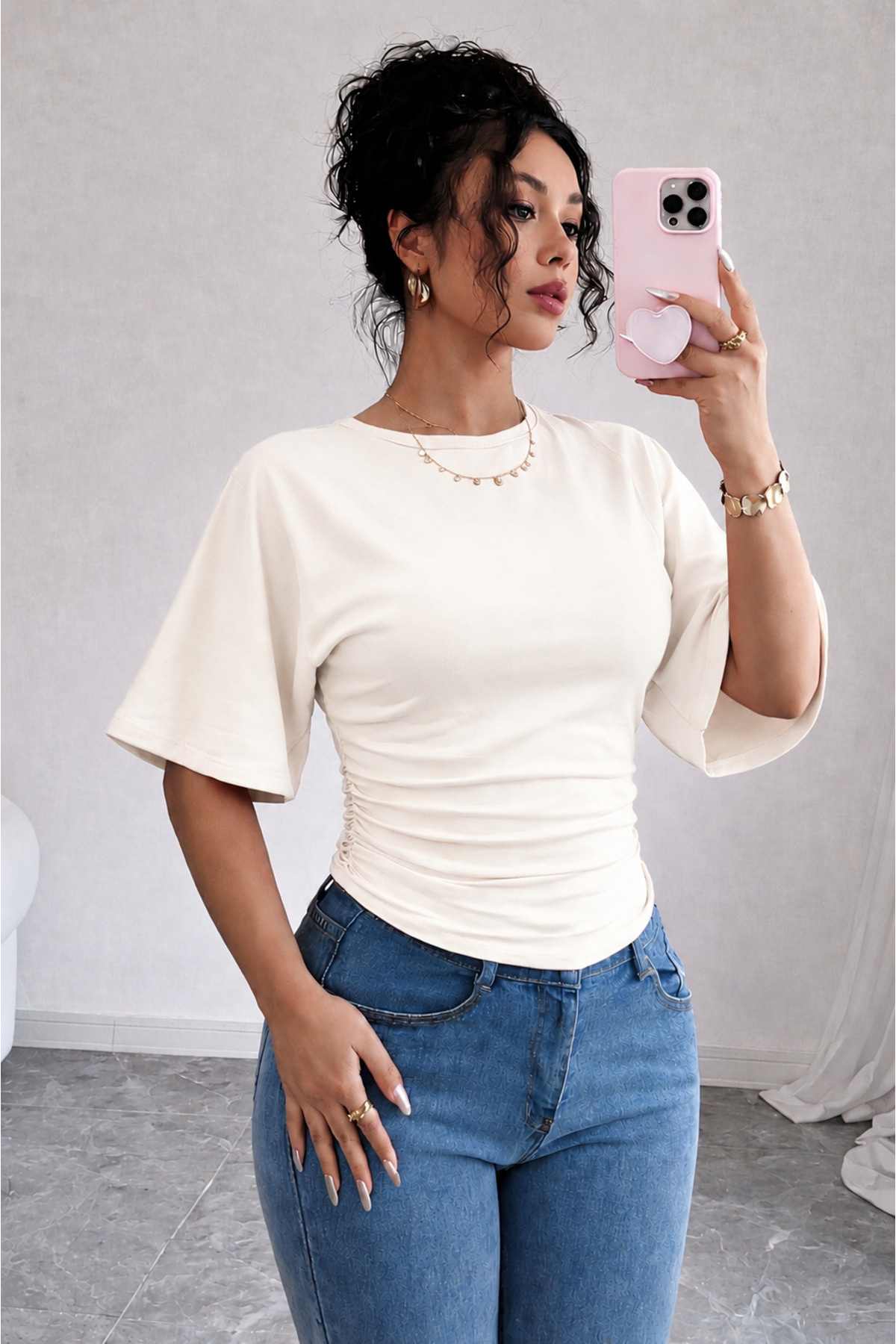Women's Ecru Cotton Soft Fabric Blouse Draped Stylish Casual Model (Not Crop) 0080