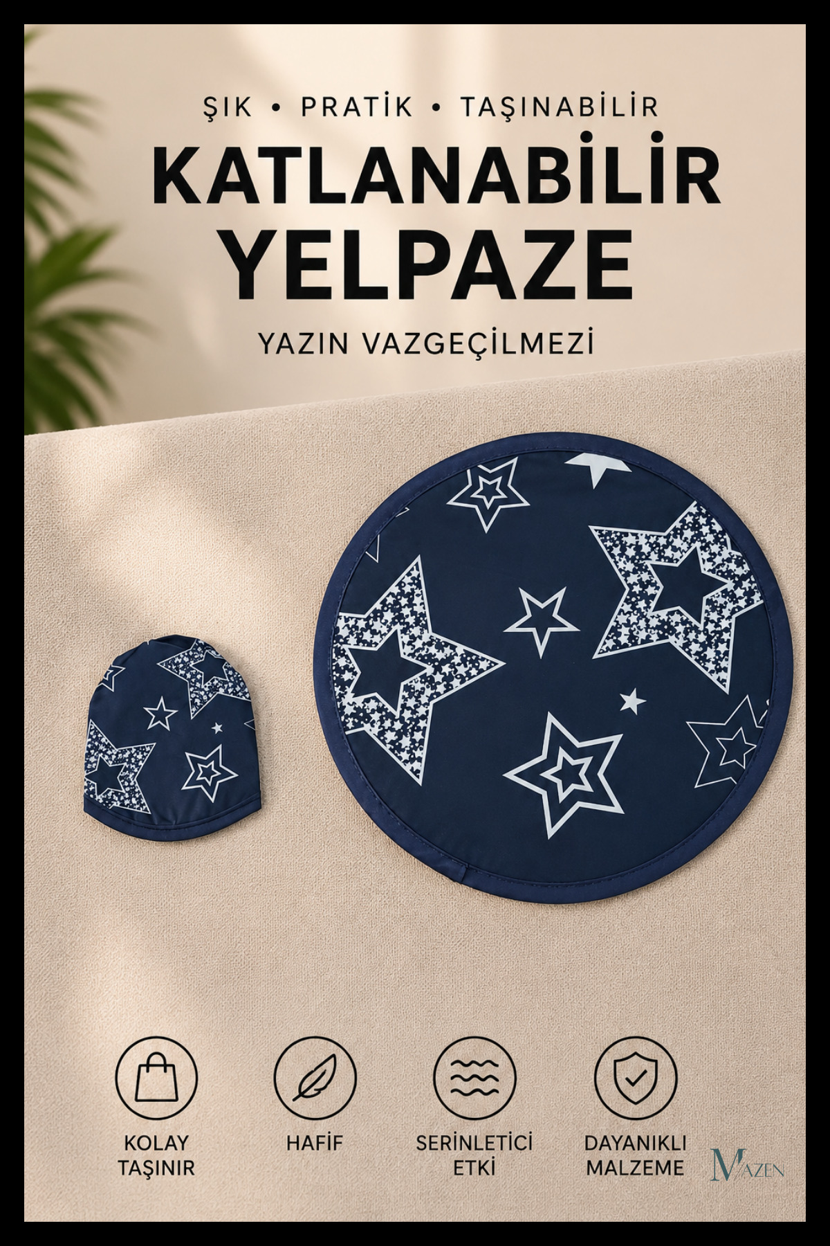MAZEN Yıldız Desenli Katlanabilir Yuvarlak Yazlık Taşınabilir El