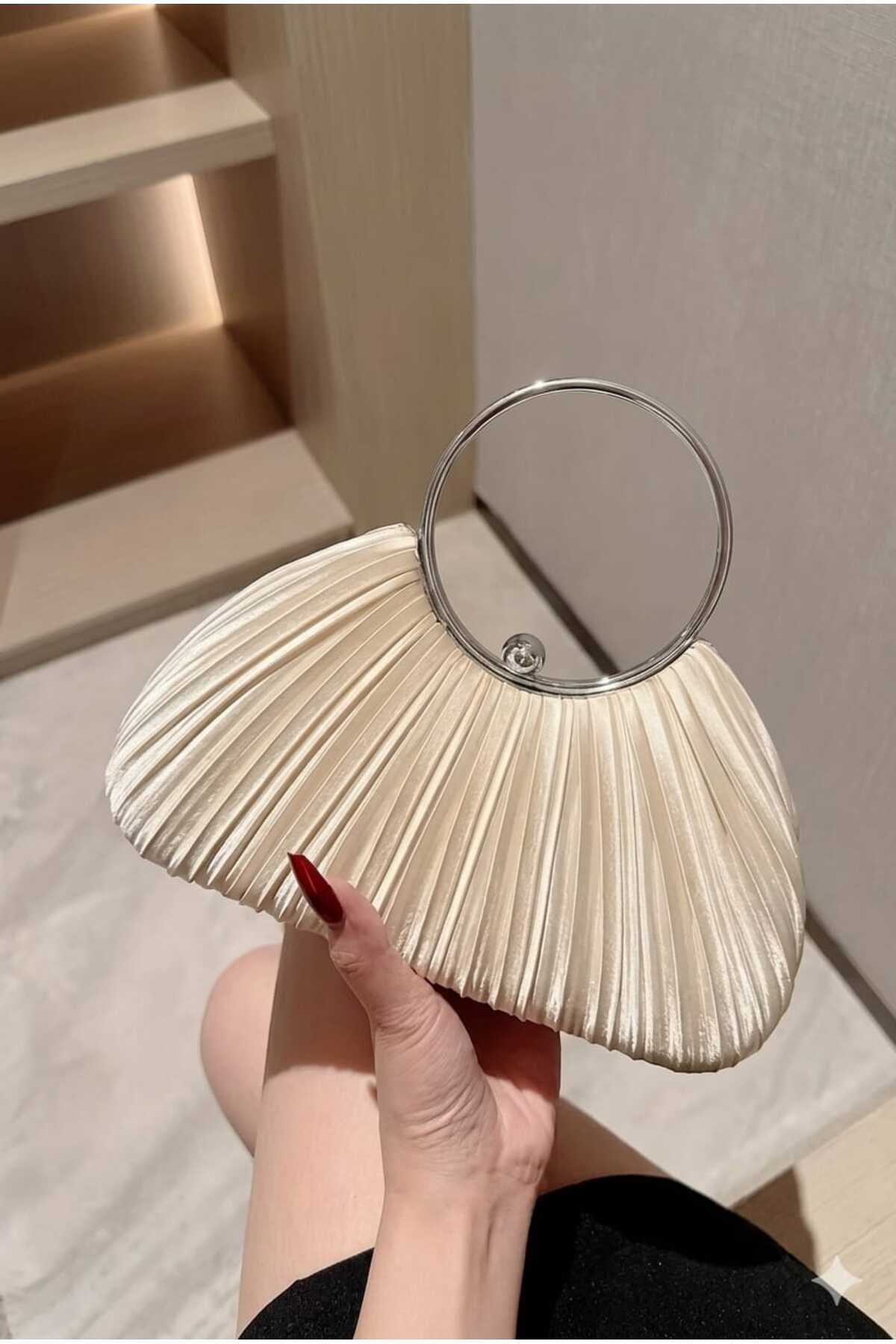 Famels Ten Saten Yeni Model Pilseli Abiye Çanta Kol/El Çantası Abiye Şık Çanta Gümüş Kasa