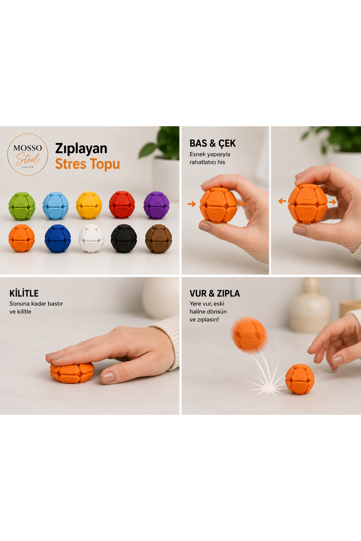 Mosso Steel Zıplayan Stres Topu Clicker Stres Topu – Lastik