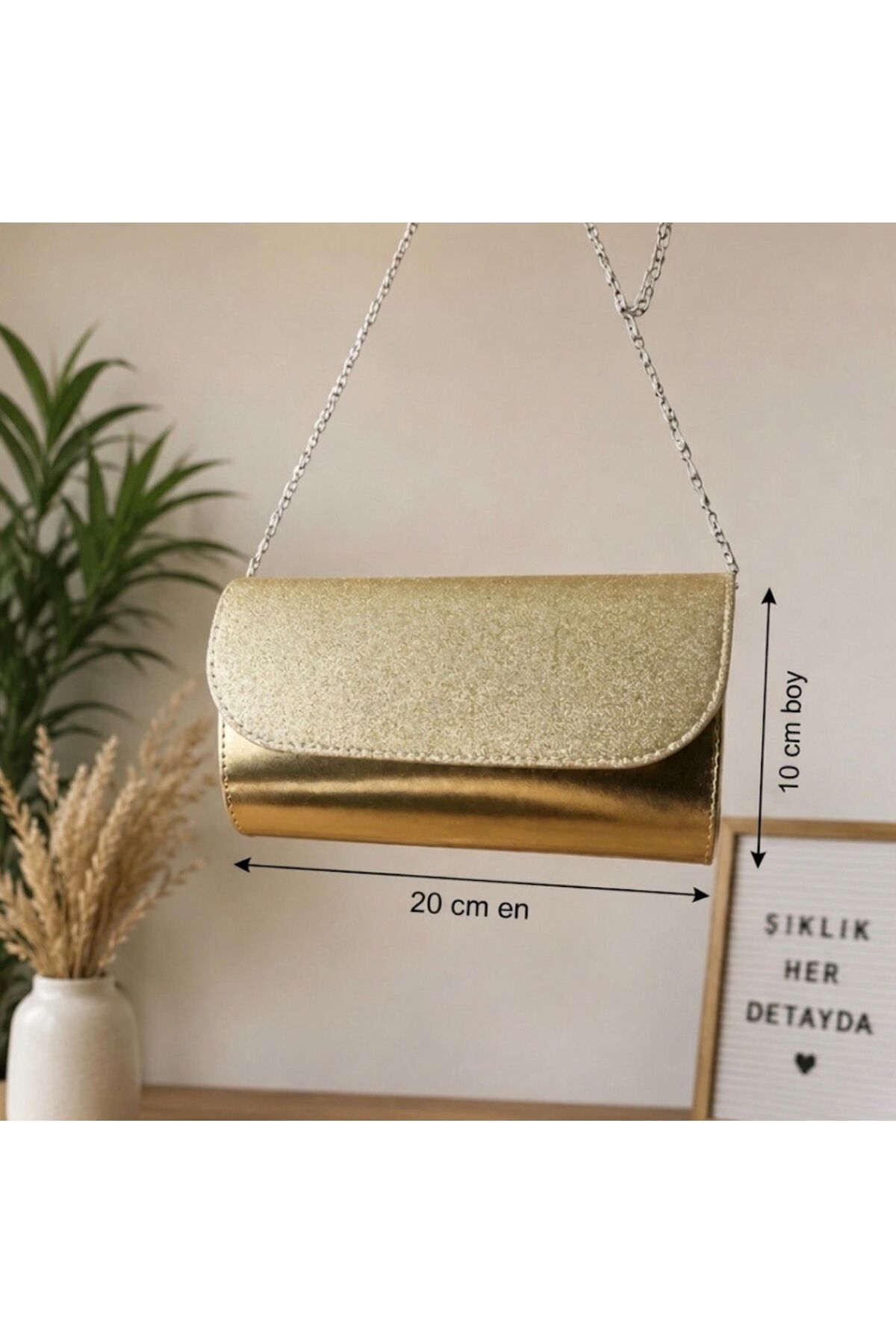 addy Gold Taşlı Görünümlü Zincirli Clutch Abiye Çanta görsel 3