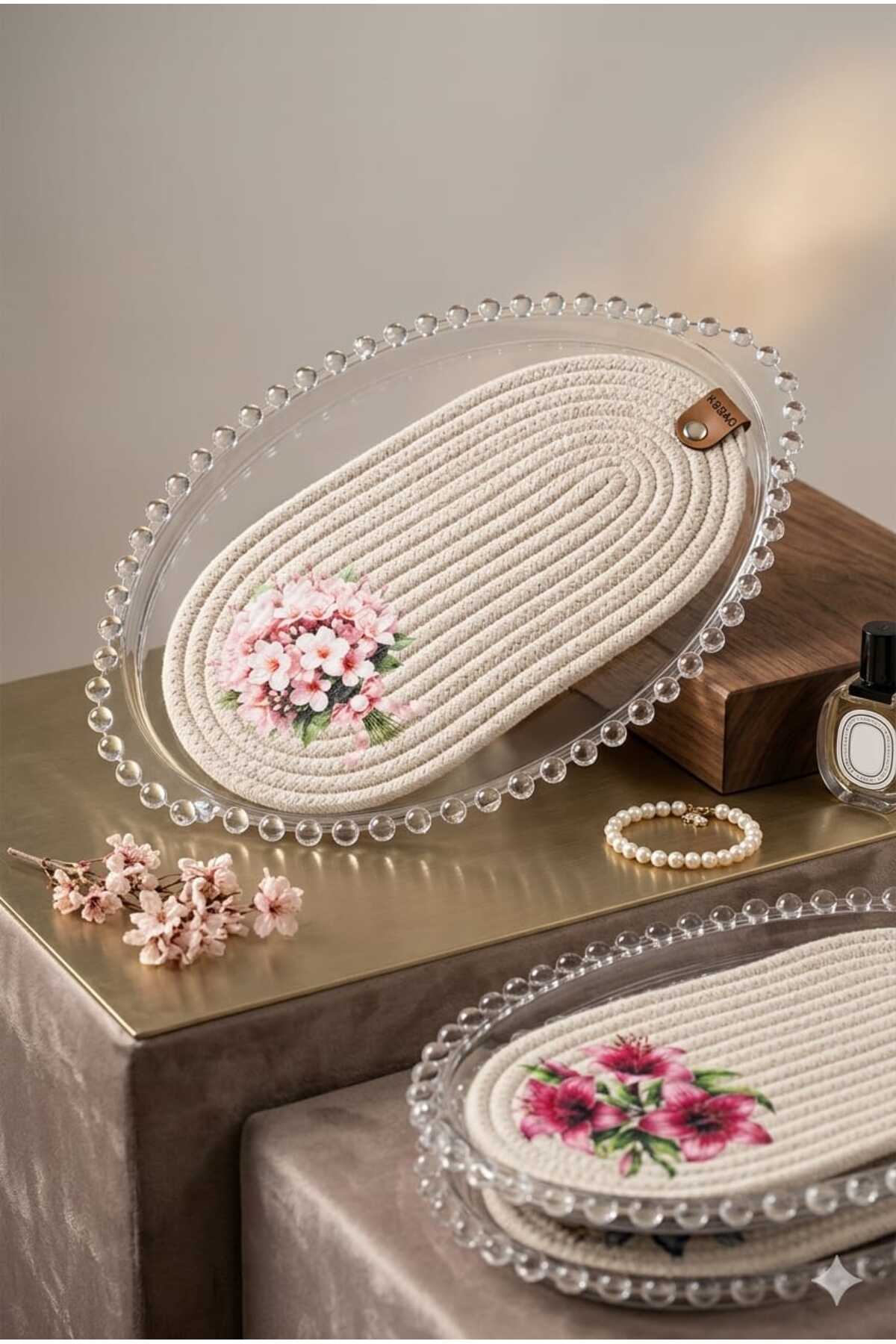 Betülce Acrylic Beaded Oval Tray and Cotton Rope Supla Double Presentation Set