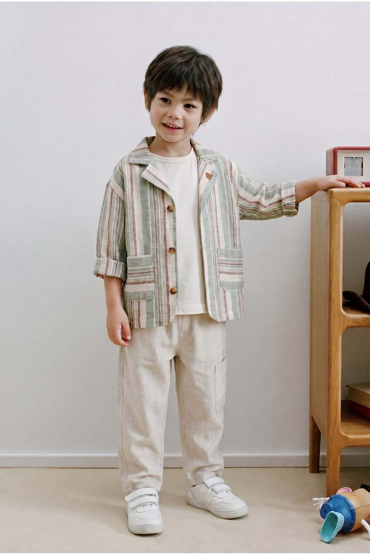 Magu Boys' Cotton Striped Shirt Jacket T-Shirt Pants Set