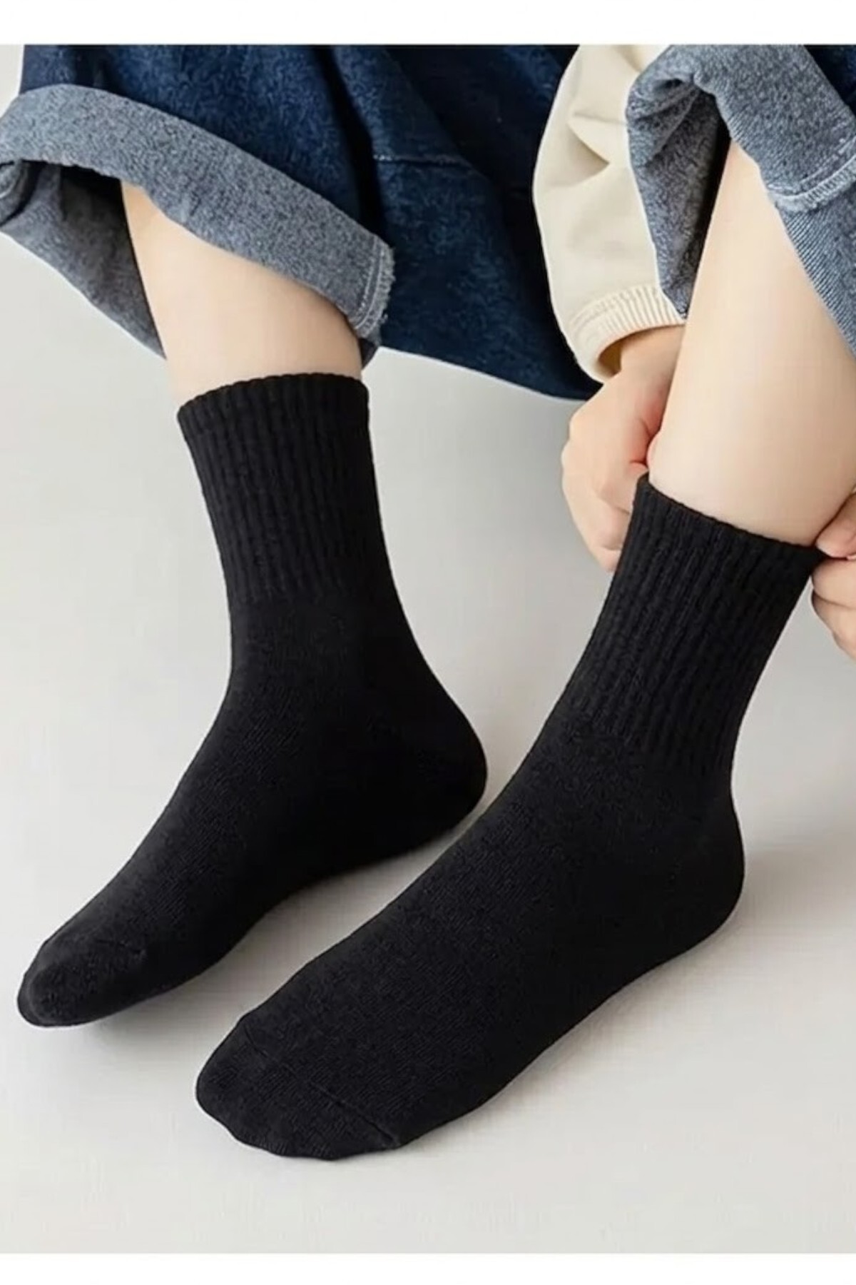 Socks Stores 6 Çift Unisex Pamuklu Düz Siyah Kolej Çorap görsel 3