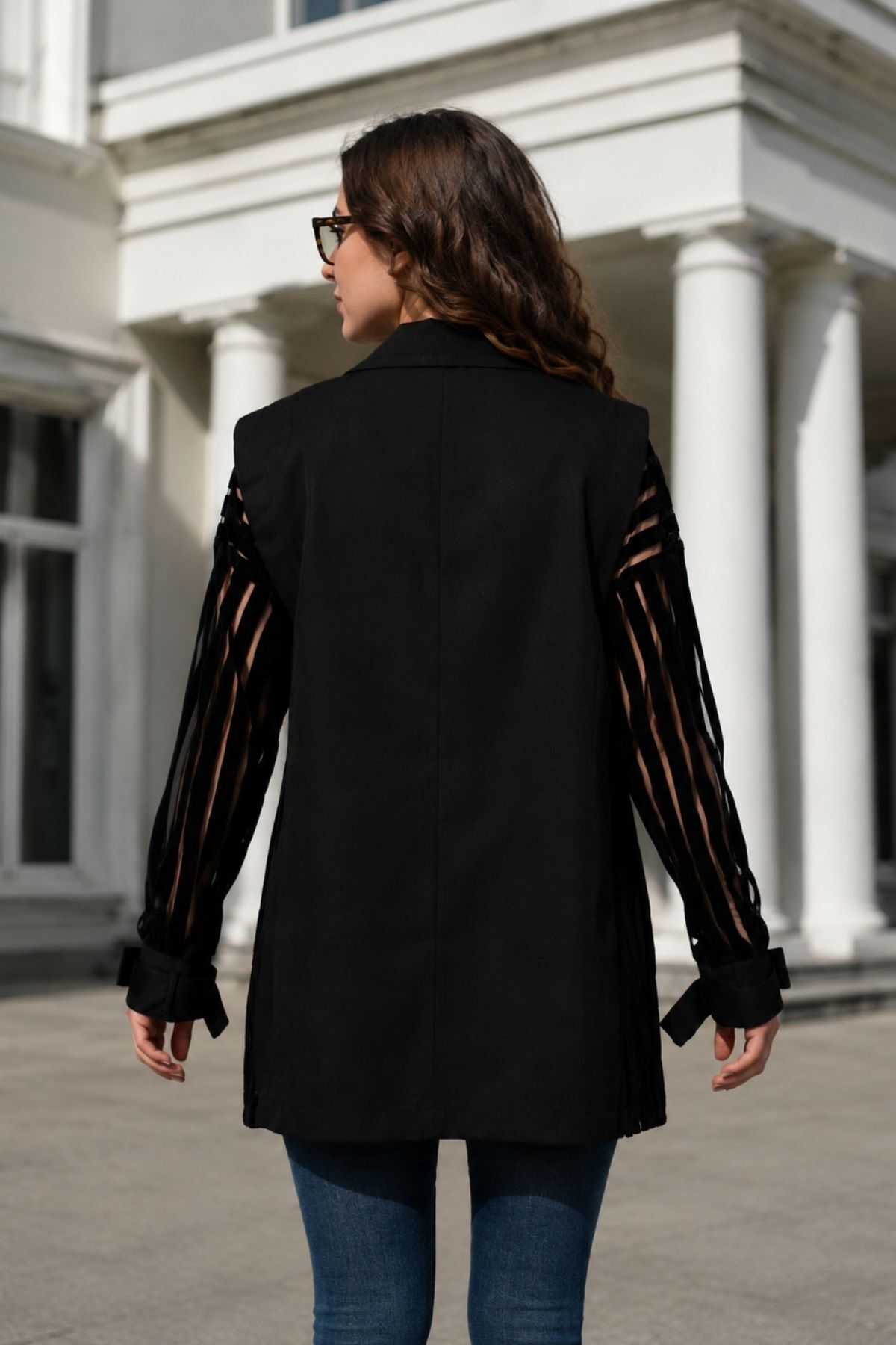 armonika  Kadın Siyah Yanları Dantel Vatkalı Oversize Tek Düğme Ceket ARM-26Y001068 - Görsel 3