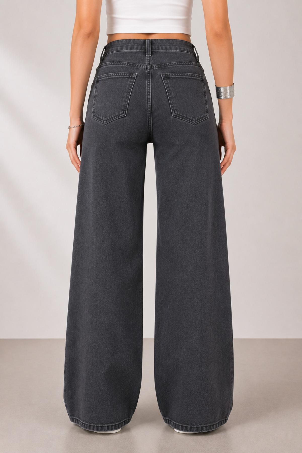 Lighter Jeans  Füme Wide Leg Palazzo Jean Kadın Pantolon Yüksek Bel Likralı Bol Paça Denim Jean - Görsel 3