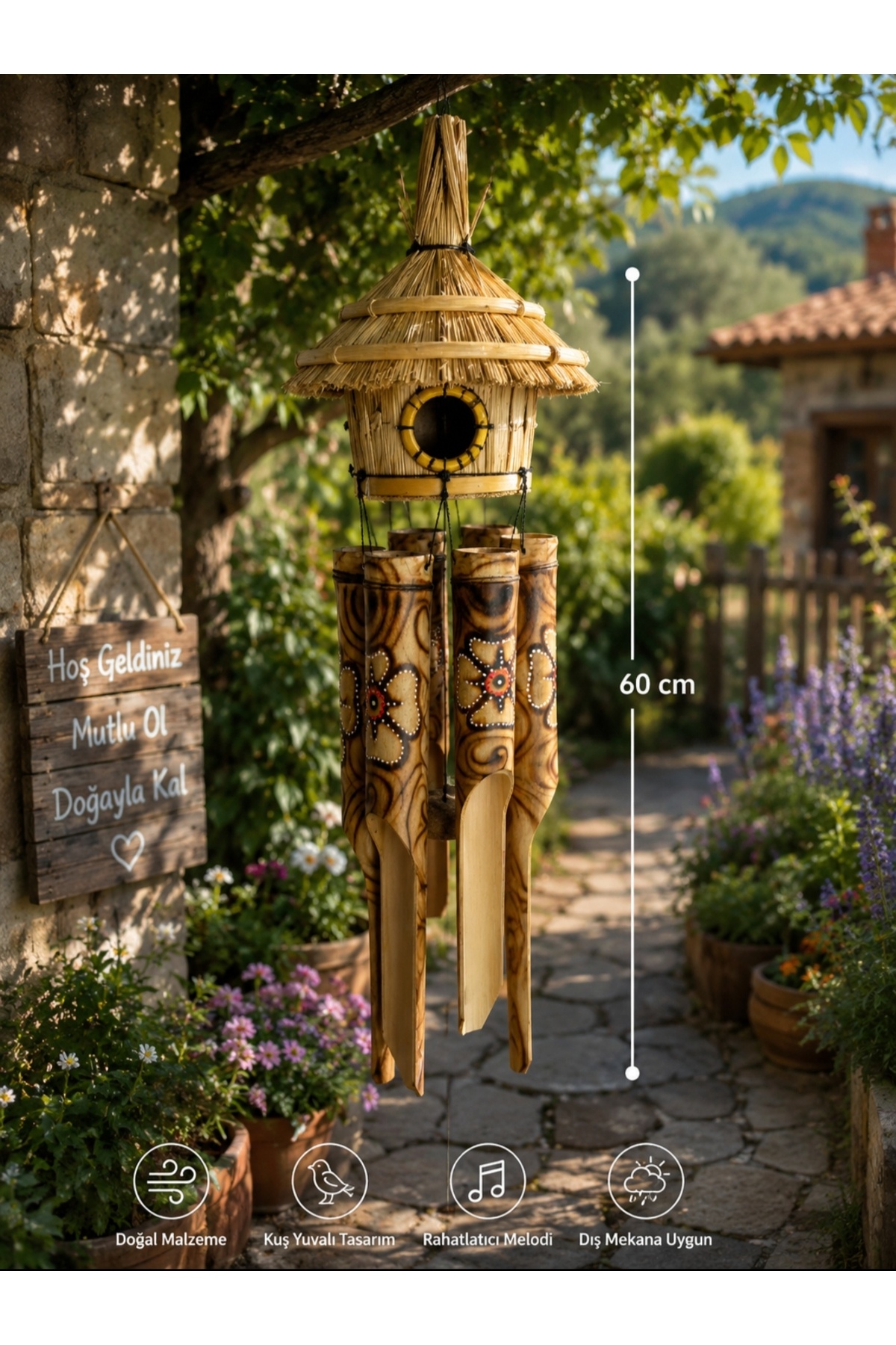 Hand Painted Bamboo Wind Bell with Bird Nest 60 Cm Garden Balcony Decor