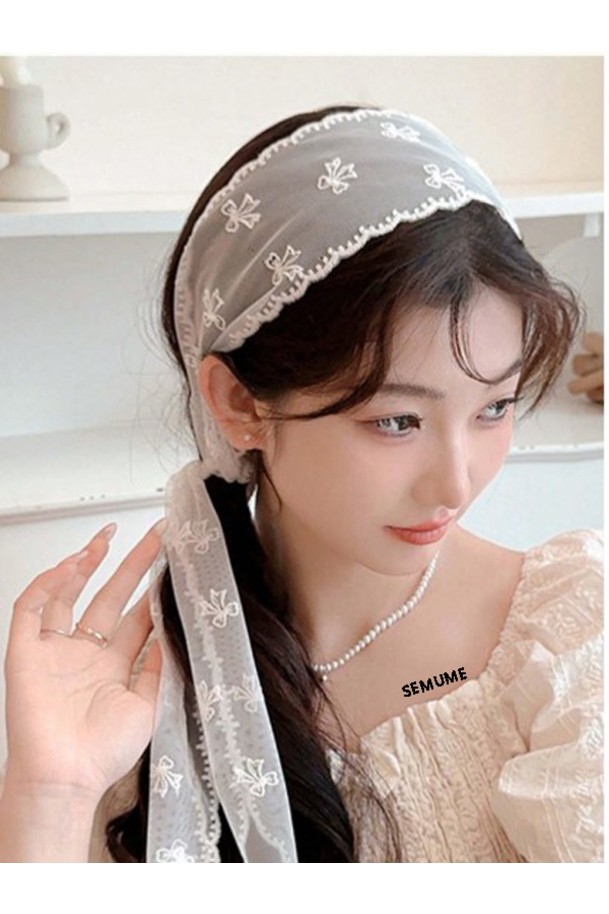 SEMUME Tül dantel bandana, fular, saç tokası,