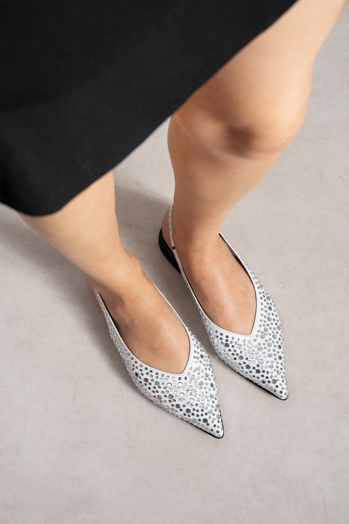 diclepolat Kadın Gümüş Taşlı Sivri Burun Slingback Babet Şık Arkası Açık Ayakkabı Meniva görsel 3