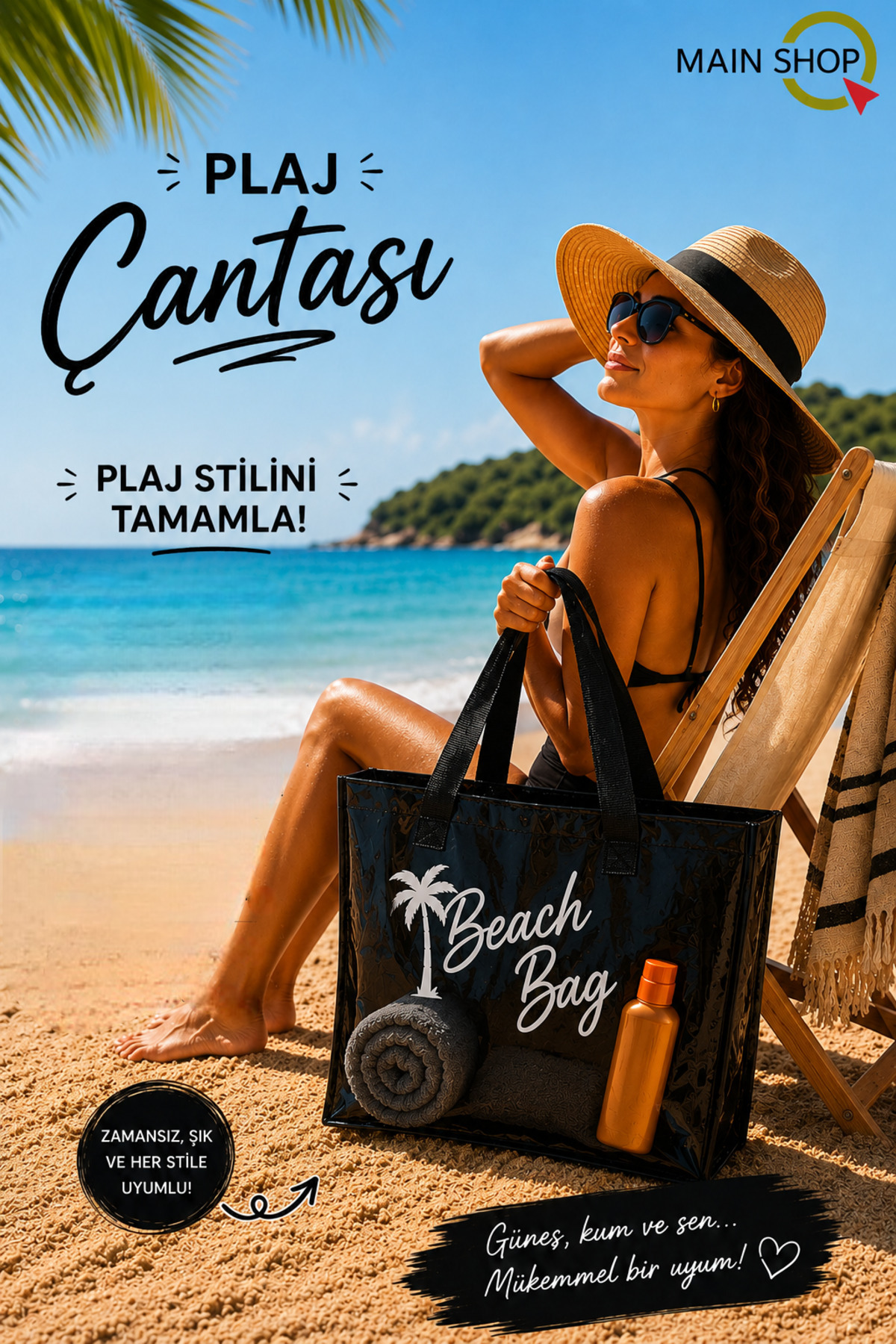 MAİN SHOP Büyük Boy Beach Bag Siyah Şeffaf Deniz Plaj Çantası M-PLJ02 görsel 3